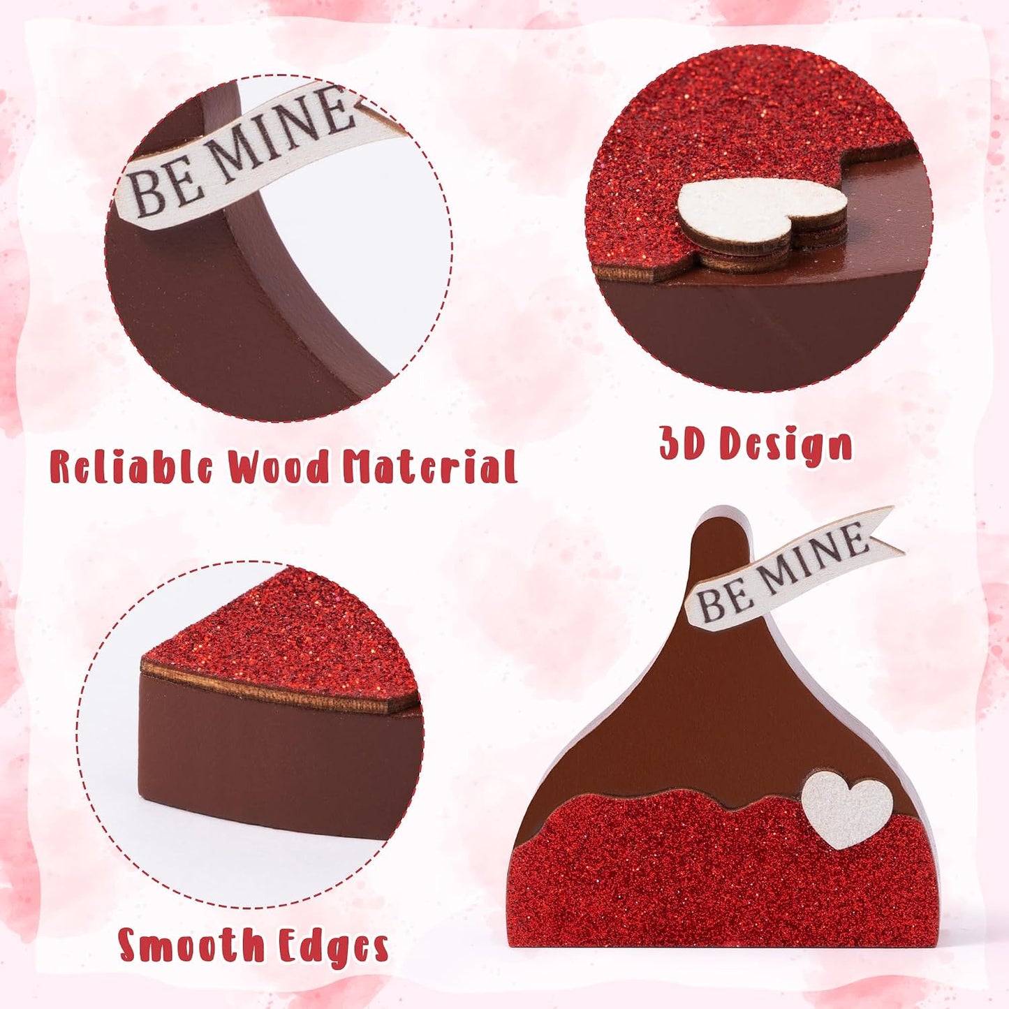 WATINC Valentine Tiered Tray Signs - 3PCS Valentine's Day Kisses Wooden Table Centerpiece Decorations, Sweet Glitter Candy Chocolate Wood Desk Decor, Romantic Tabletop Wedding Farmhouse Party Gifts BST202