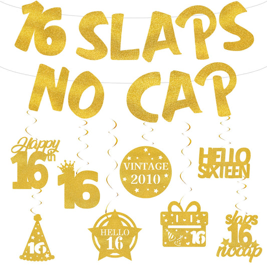 18th Birthday Decorations Banner for Boys - Pre-strung Gold Glitter 18 Slaps No Cap Banner Hanging Swirls, Funny Gen Z Slang 18 Year Old Party Supplies BST220
