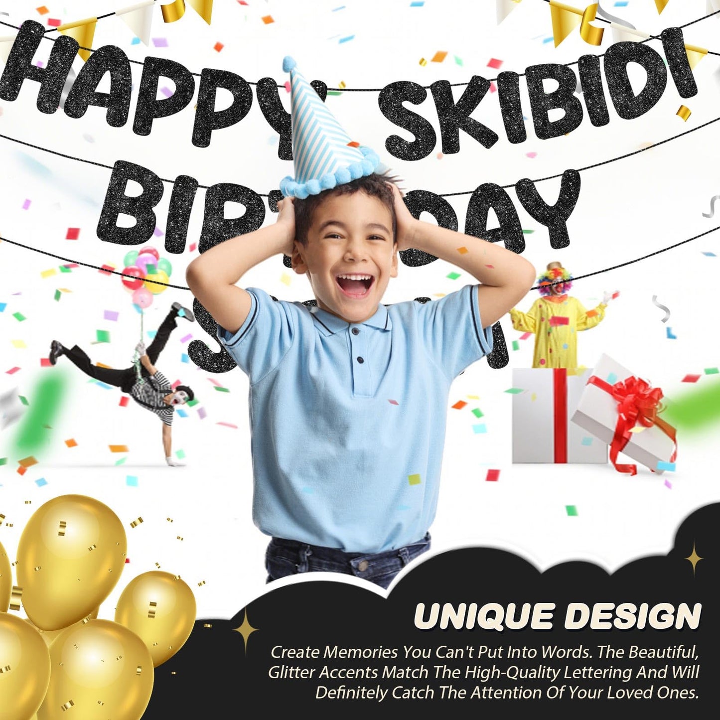 Fulmoon Pre Strung Happy Skibidi Birthday Sigma Banner Glitter Funny Zoomer Gen Z Slang Birthday Party Supplies Gen Z Slag Party Decorations Sign Gift(Champagne Gold) WN420
