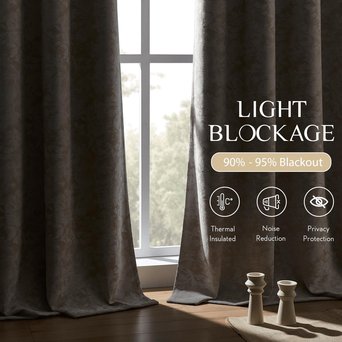 Beauoop Green Floral Jacquard Blackout Curtains 90 Inches Long 2 Panels for Bedroom Living Room Sage Flower Chenille Room Darkening Thermal Insulated Soundproof Grommet Window Treatments Drapes, 52x90 BST220