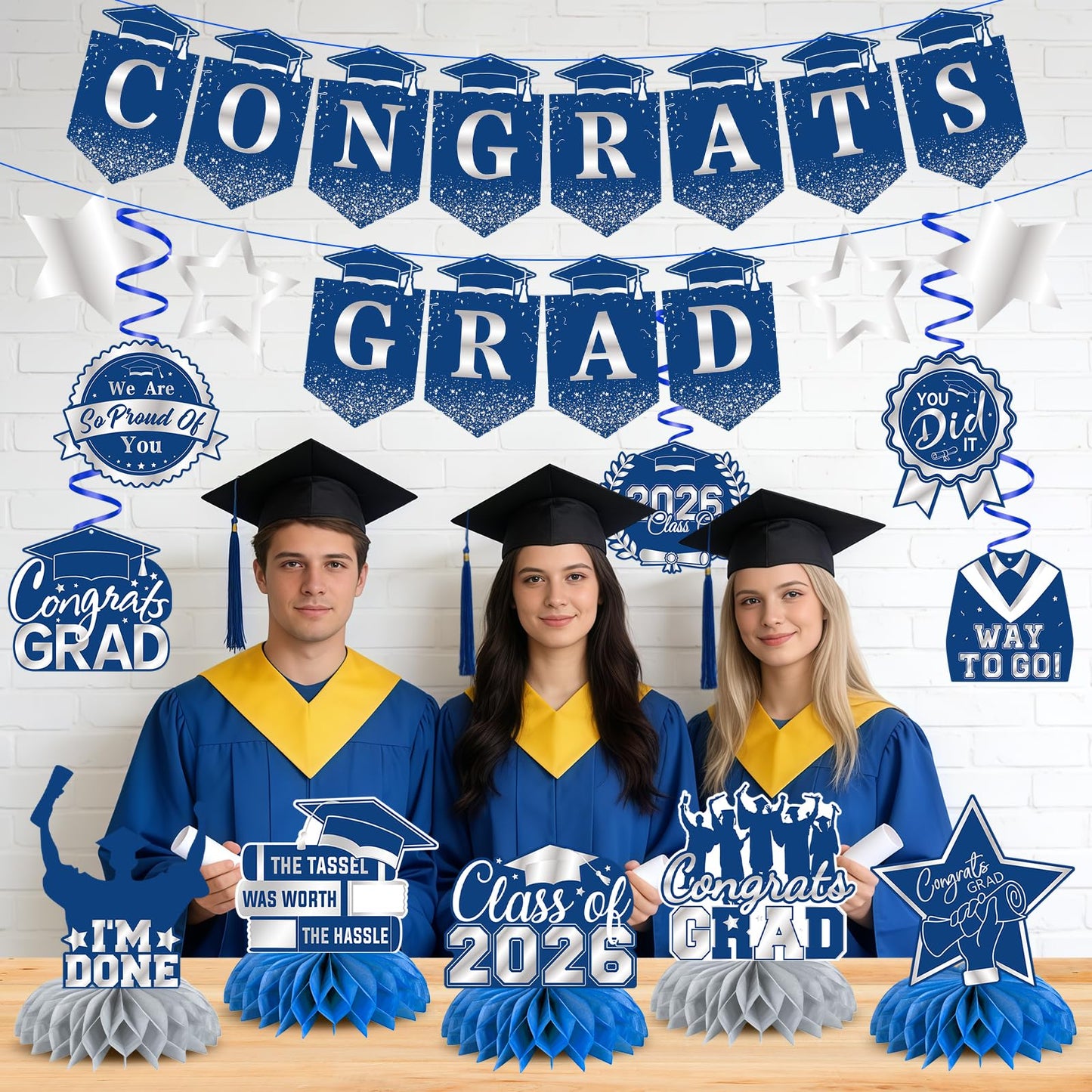 Graduation Decorations 2026, Class of 2026 Graduation Party Decorations Set, Congrats Grad Banner, Hanging Swirls & Table Centerpiece Decorations, Black and Gold Graduation Decor for Home School Party BST326L