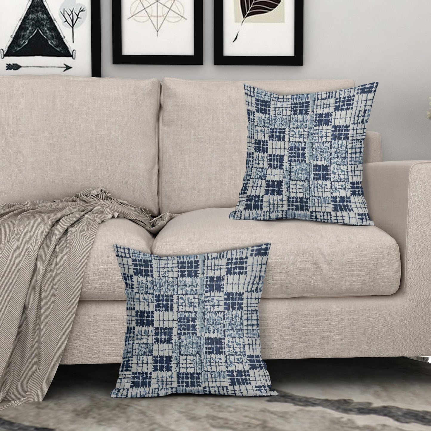Navy Blue Grey Gray Pillow Covers 18x18 Set of 2 Abstract Plaid Pattern Decorative Outdoor Pillowcases Farmhouse Throw Cushion Case Couch Sofa Bed Decor BST220