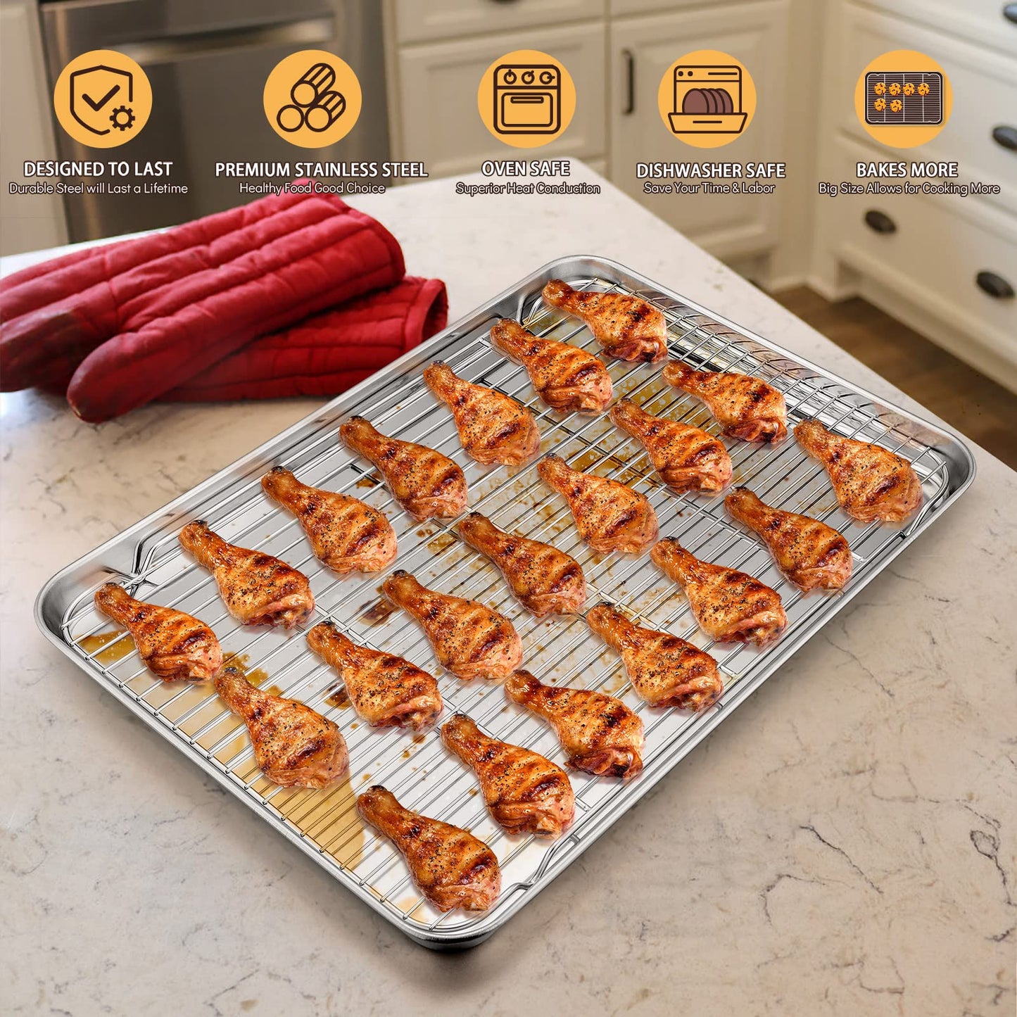 E-far Cookie Sheet with Rack Set, Half Sheet Baking Pan for Oven Cooking, 18”x13” Stainless Steel Rimmed Tray with Wire Cooling Rack for Roasting Broiling Bacon Meat Steak - Dishwasher Safe BST220