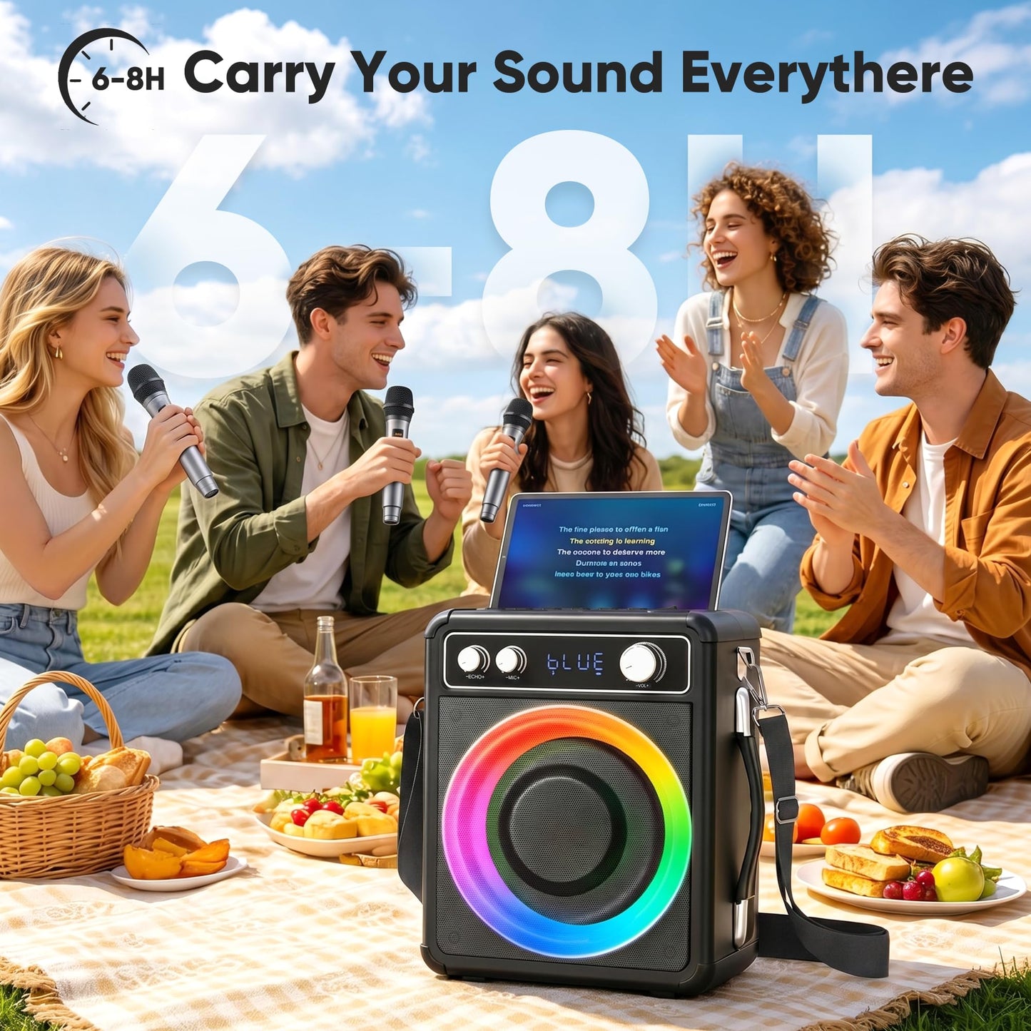 VOSOCO Karaoke Machine with 2 Wireless Microphones, Portable Bluetooth Speaker for Adults Kids, PA Systems Support TWS Echo Adjust TF USB AUX for Home Party Outdoor Travel