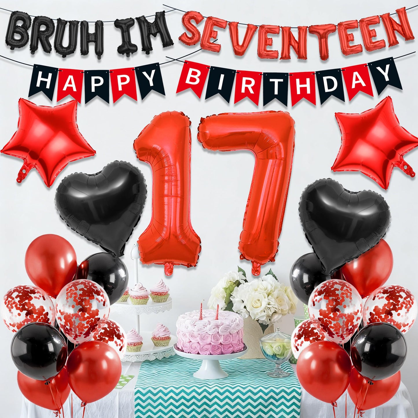 9th Birthday Decorations Boys Kit - 27 Pcs Red and Black Bruh Im Nine Balloon Banners Happy Birthday Fishtail Flags Number 9 Balloon Star Heart Balloons Set for 9 Year Old Party Decoration Supplies BST202