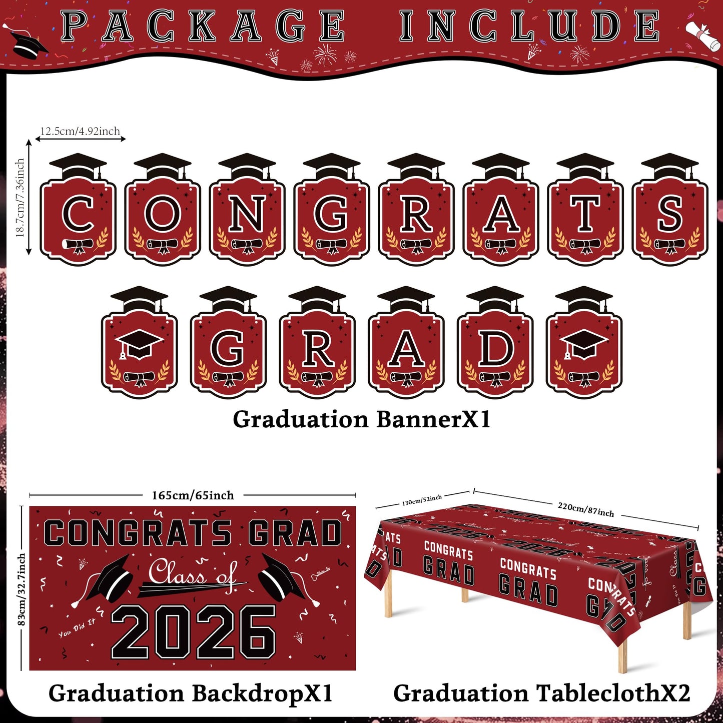 Graduation Decorations 2026 2027 - Red Congrats Grad Banner Backdrop Tablecloth Set - Graduation Decorations Class of 2026 | Graduation Party Favors Supplies WN420