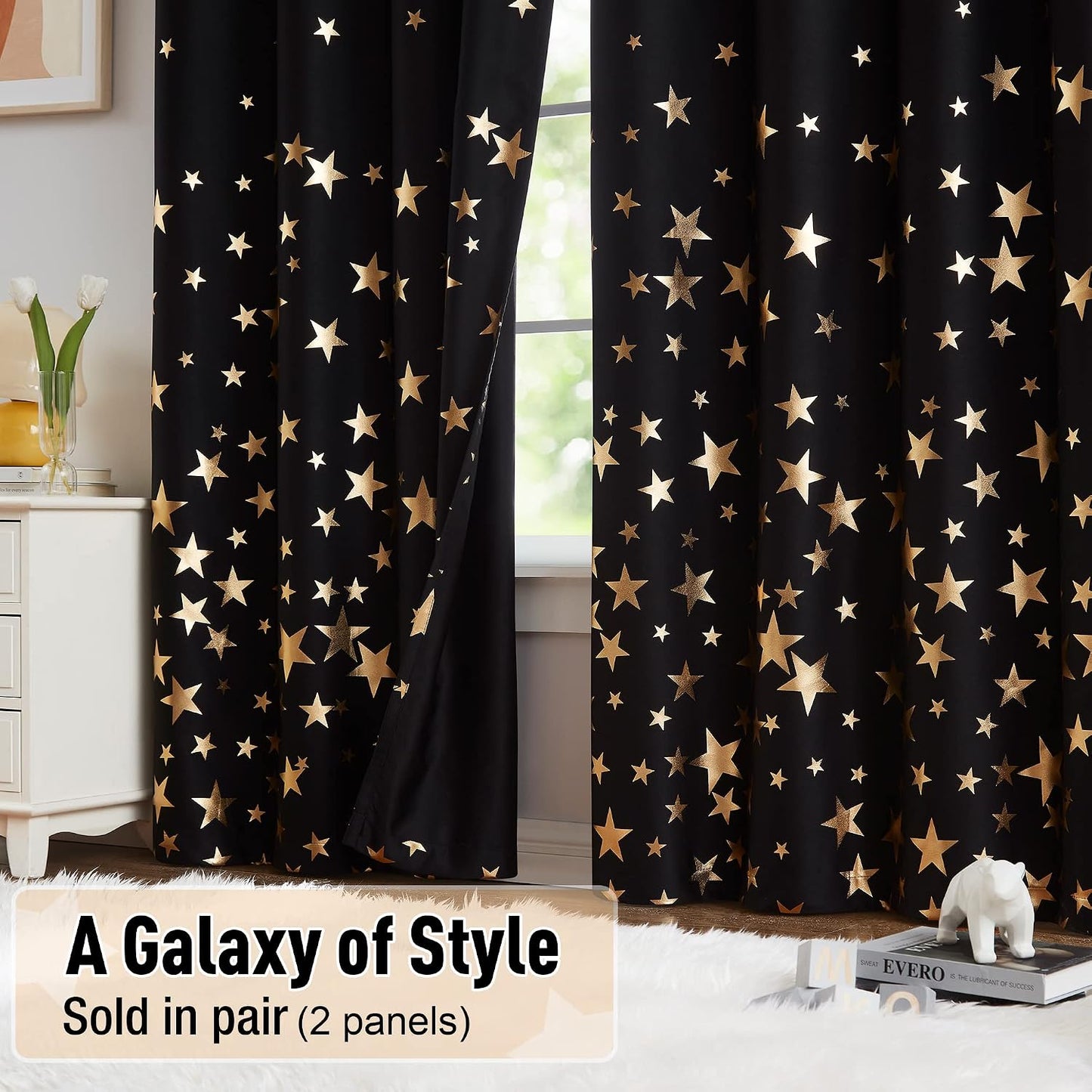 Treatmentex Gold Star Black Full Blackout Curtains for Boys Bedroom, Metallic Window Panels for Baby Nursery Room Grommet Top 2 pcs(Black Gold, 50x63in) BST202