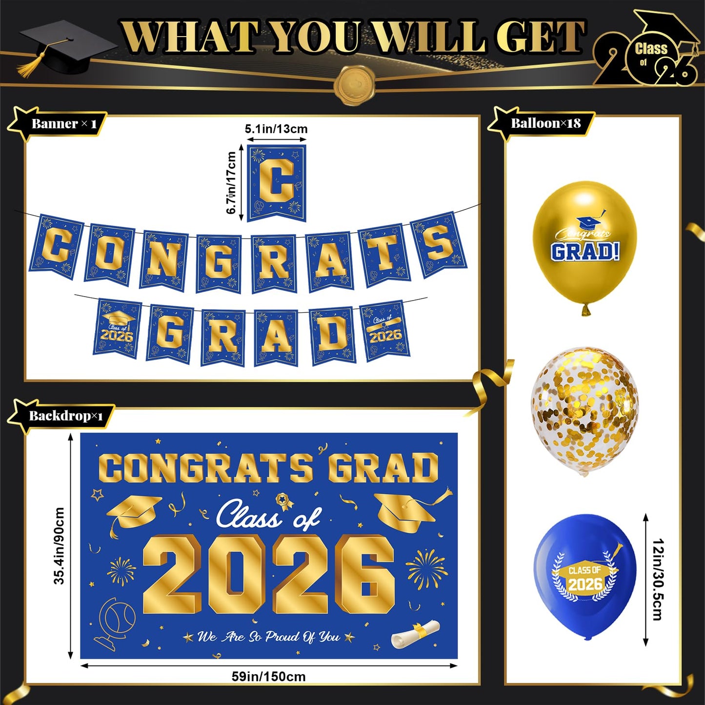 Graduation Decorations 2026-Black and Gold Graduation Party Decorations Supplies Class of 2026 with Graduation Banner, Backdrop, Balloons, Centerpieces, Hanging Swirl for Grad Party BST326H