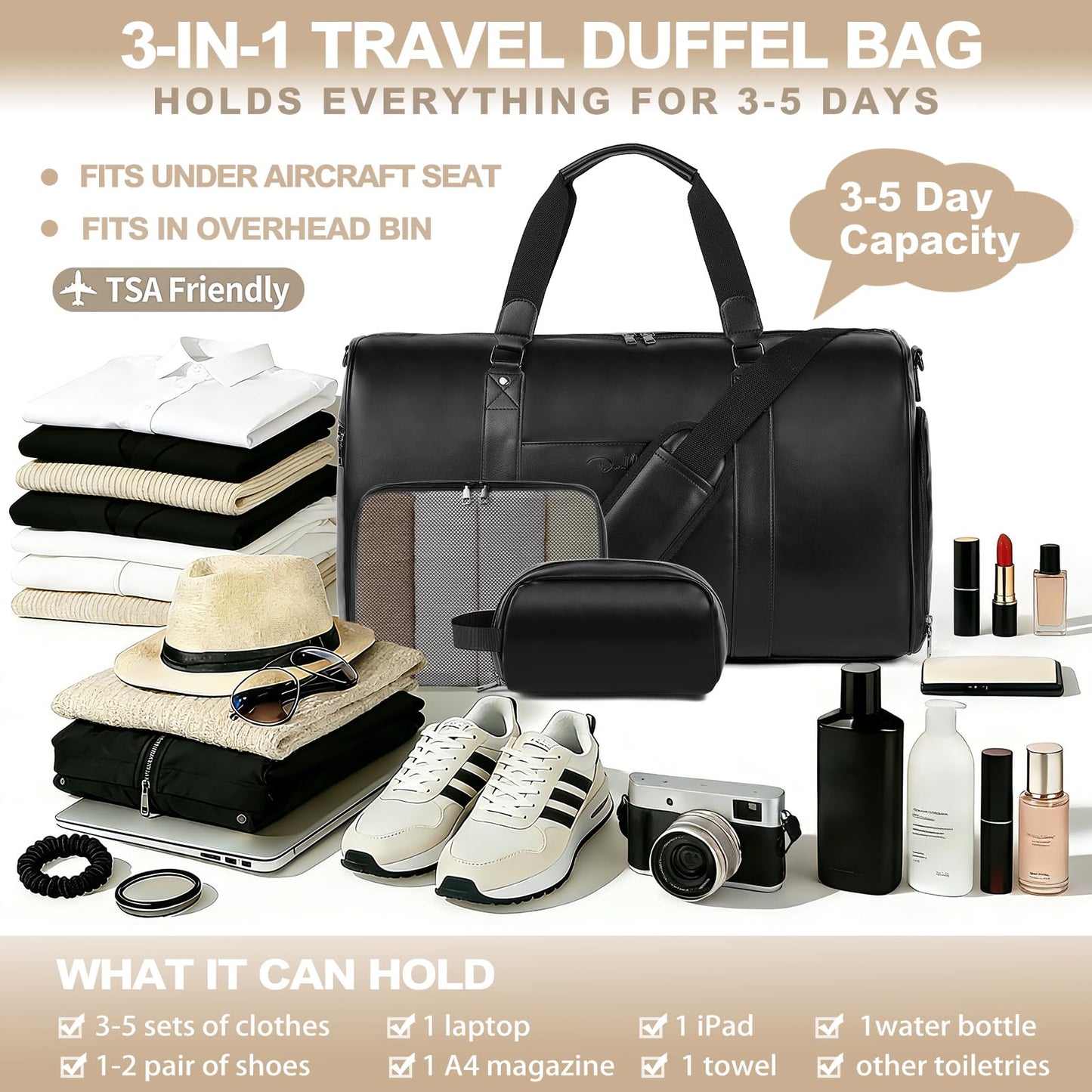 Large 4-in-1 Leather Duffle Bag for Travel Weekender Overnight Hospital Gym Bag for Men & Women, Carry On Airline Approved Personal Item Duffel Garment Bag Luggage with Shoe Compartment & Toiletry Bag BST326H