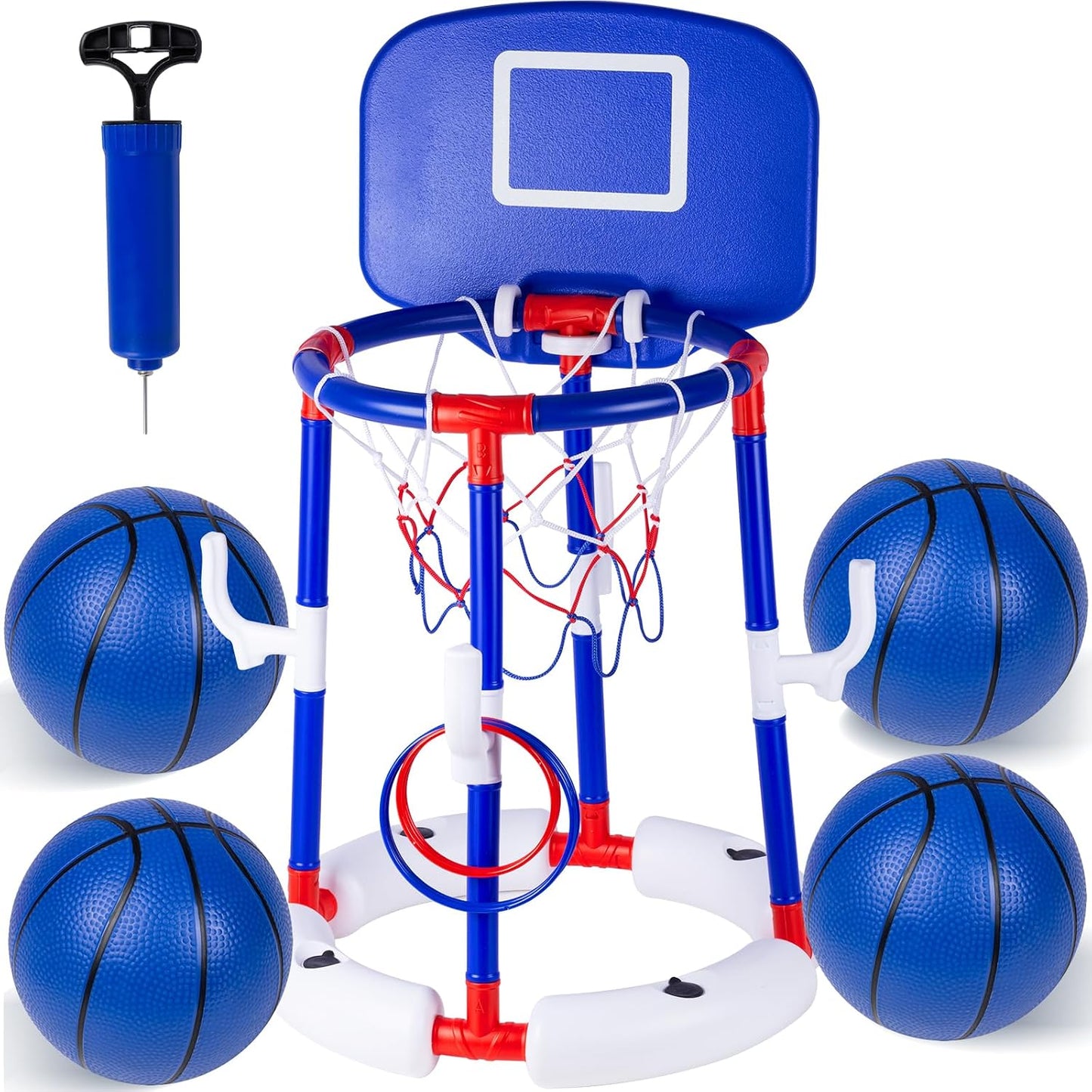 Taotuo Blue Floating Pool Basketball Hoop with Backboard, 2-in-1 Poor Toy Basketball & Ring Toss Game with 4 Balls, 6 Rings&Pump, Summer Pool Toys Outdoor Water Fun Family Party for Age 3-12 DD1210
