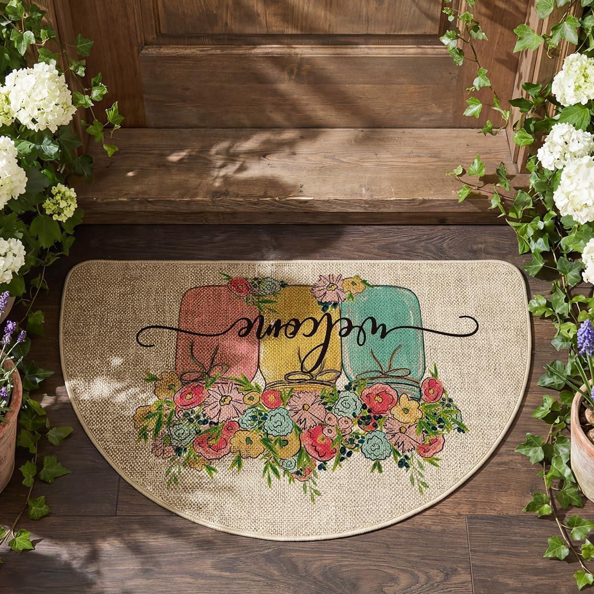 Artoid Mode Vase Hello Spring Semicircular Doormat, Seasonal Summer Low-Profile Yard Floor Switch Mat for Indoor Outdoor 17 x 29 Inch BST202