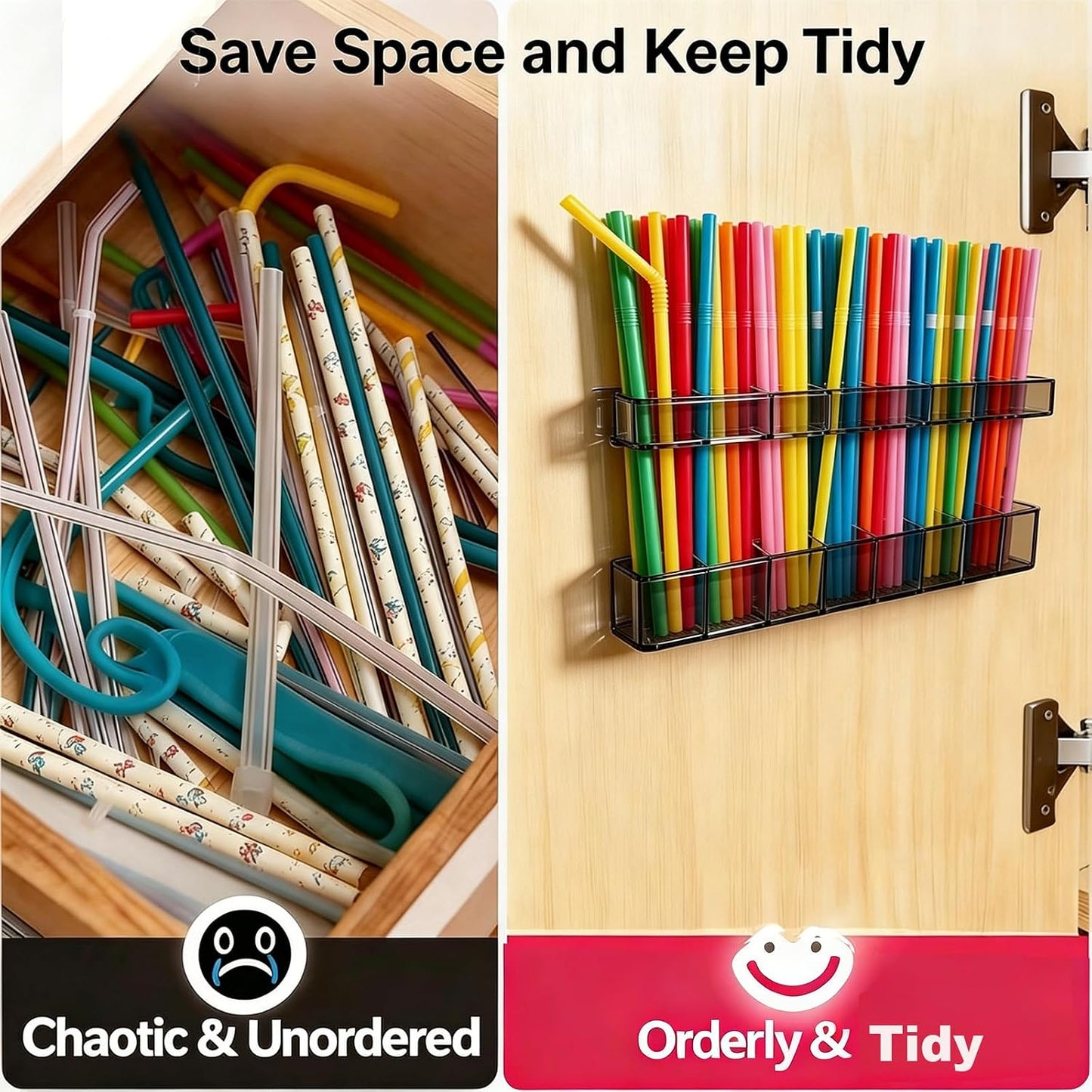 9.8 inch double-layer removable and washable Large Acrylic Cabinet Straw Holder Organizer with Traceless Nano Adhesive – Space-Saving Storage Rack for Cabinet Door, Clear Black Straw Cabinet Holder BST202