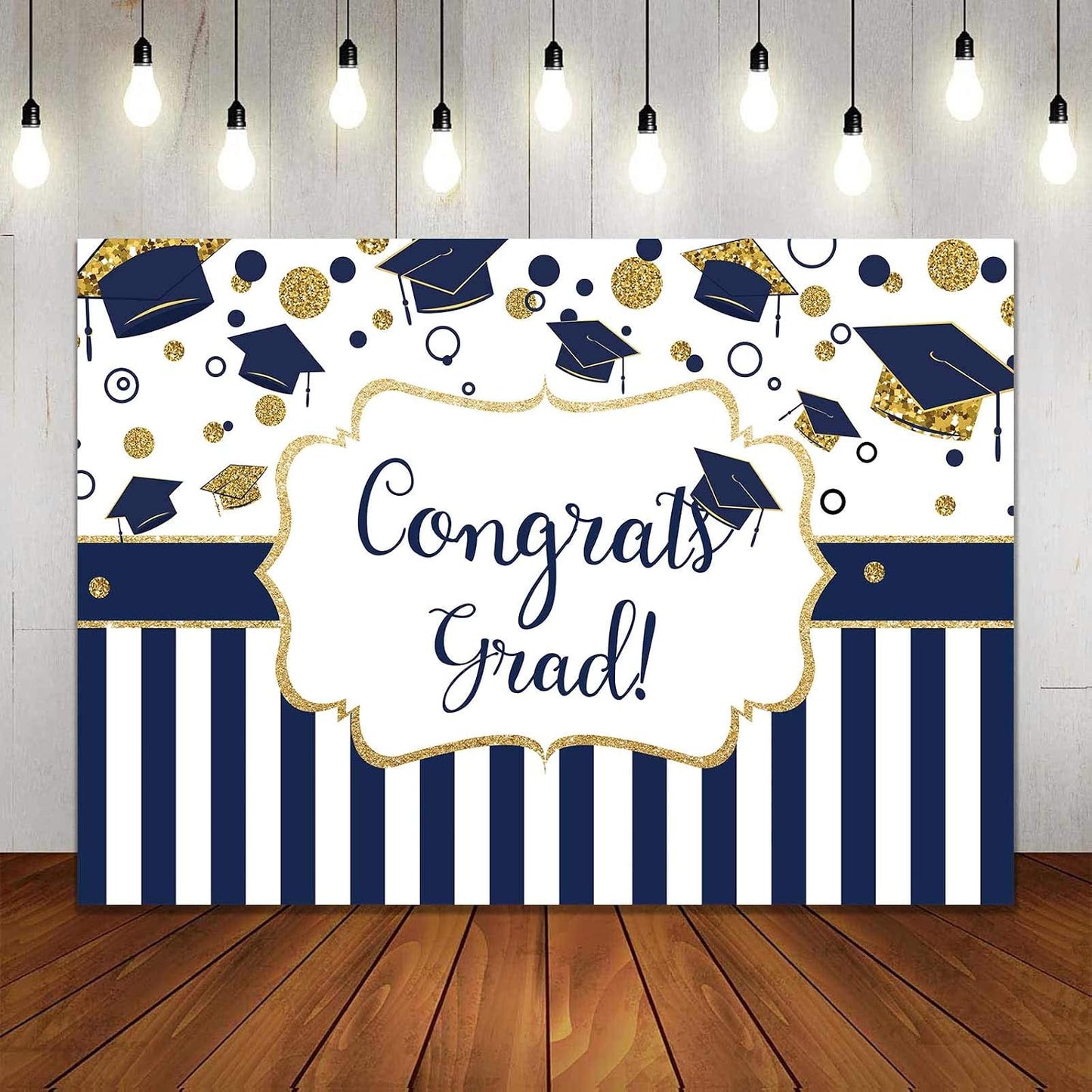 Allenjoy 7X5FT Class of 2024 Graduation Photography Backdrop Royal Blue and Gold Bachelor Cap Congrats Grad Party Banner Photography Background for Pictures Photo Photobooth Party Decoration WN420