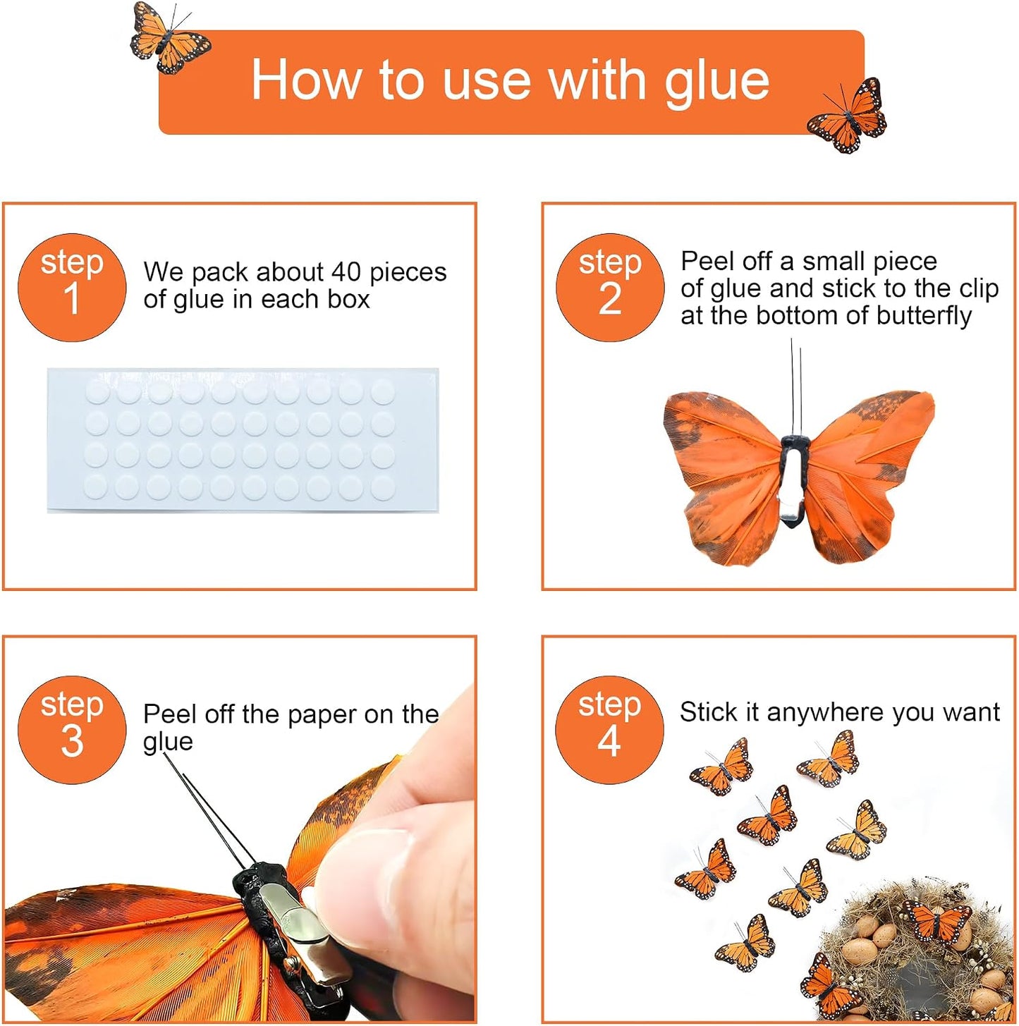 24pcs Monarch Butterflies Monarch Butterfly Decorations Kit with Clip for Dia de Los Muertos Decorations Halloween Decorative Butterflies Handmade Feather Butterfly - 2.25 inch KP06C BST220