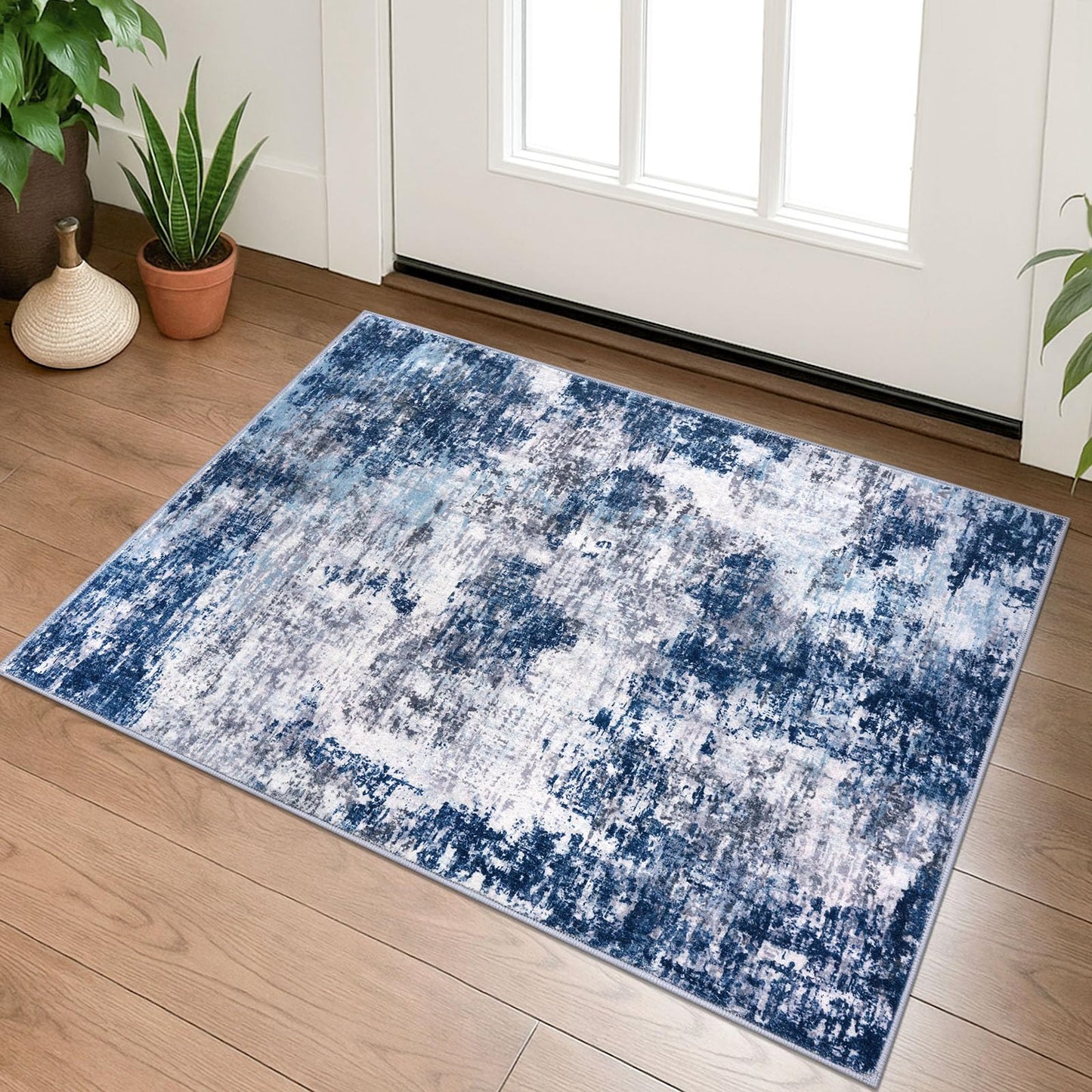 Lansny Modern Abstract Runner - 2x5, Beige Grey Washable Kitchen Entryway Rug Mat Non-Slip Soft Neutral Hallway Rug Thin Print Faux Wool Carpet for Bedroom Laundry Room Indoor BST220