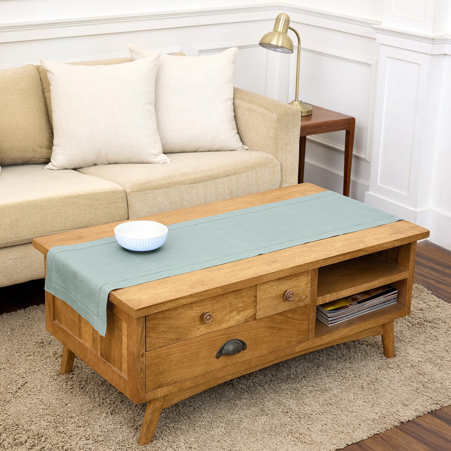 Solino Home 100% Pure Linen Table Runner Garden Green Hemstitch, 14 x 48 in | Classic Hemstitch Table Runners for dining, hallway and console table styling | hand hemstitched borders | OEKO-TEX Certified BST326SOLH
