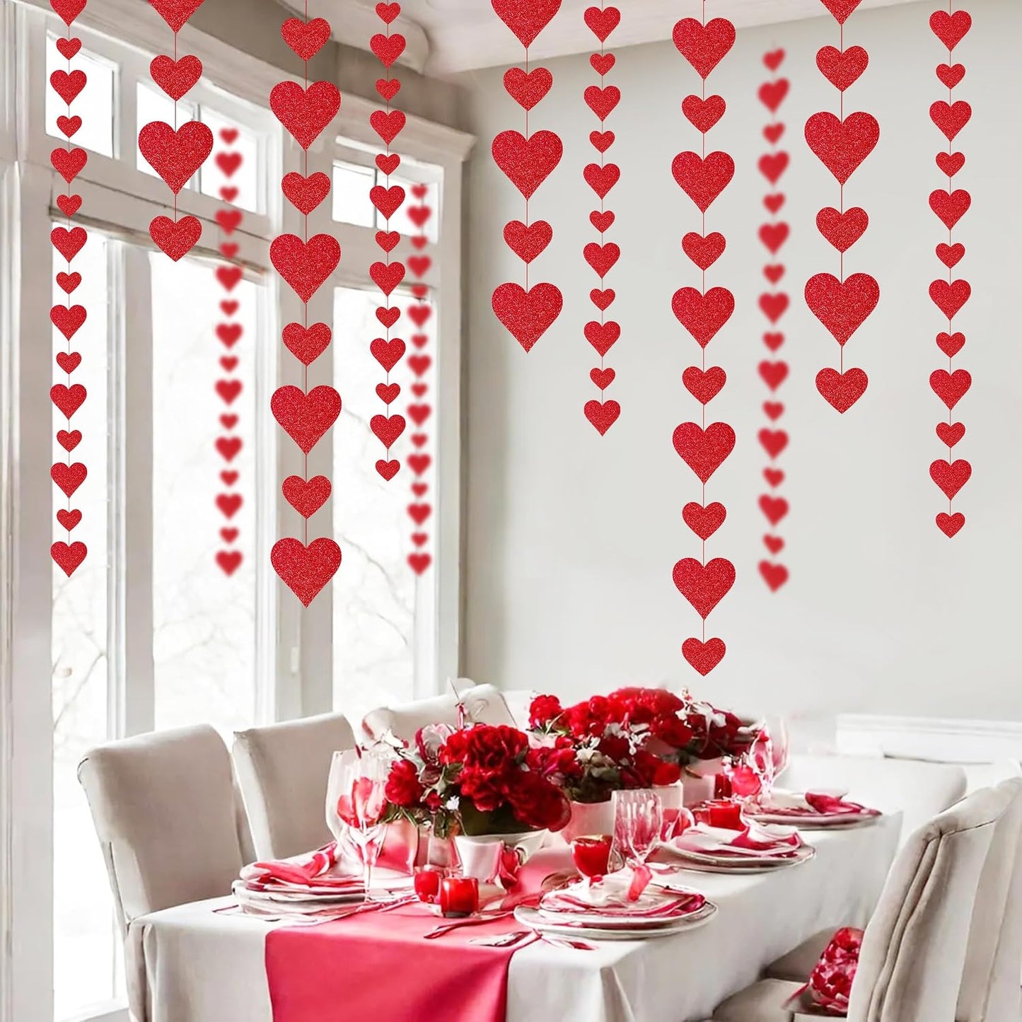 4 Pack Glitter Heart Garland Valentines Day Decorations Paper Hearts Streamers Hanging Hearts Decorations for Valentines Galentines Day Birthday Bridal Shower Wedding Engagement Anniversary (Red) BST326L