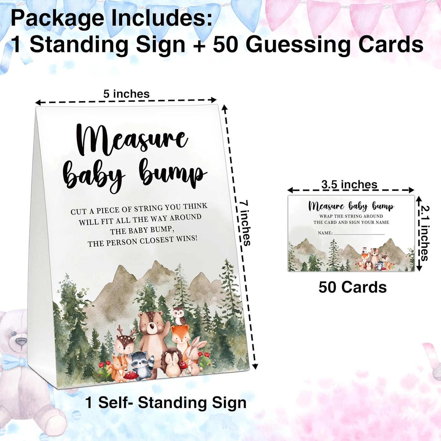 Woodland Baby Shower Game, Jungle Animal Safari Measure Baby Bump, 1 Standing Sign with 50 Cards for Gender Neutral Shower - A02 BST326L