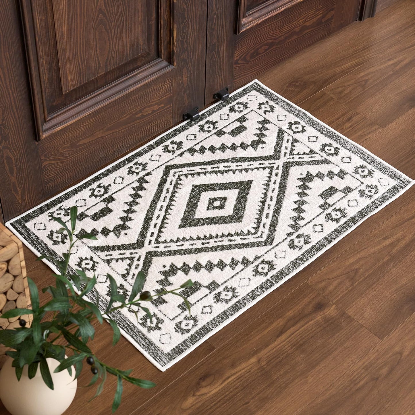 Moroccan Washable Area Rug 3x5, Geometric Tribal Decorative Woven Rug, Non-Slip Boho Farmhouse Soft Low-Pile Area Rug for Living Room Bedroom Nursery Dining Table, Dark Brown/White BST326H