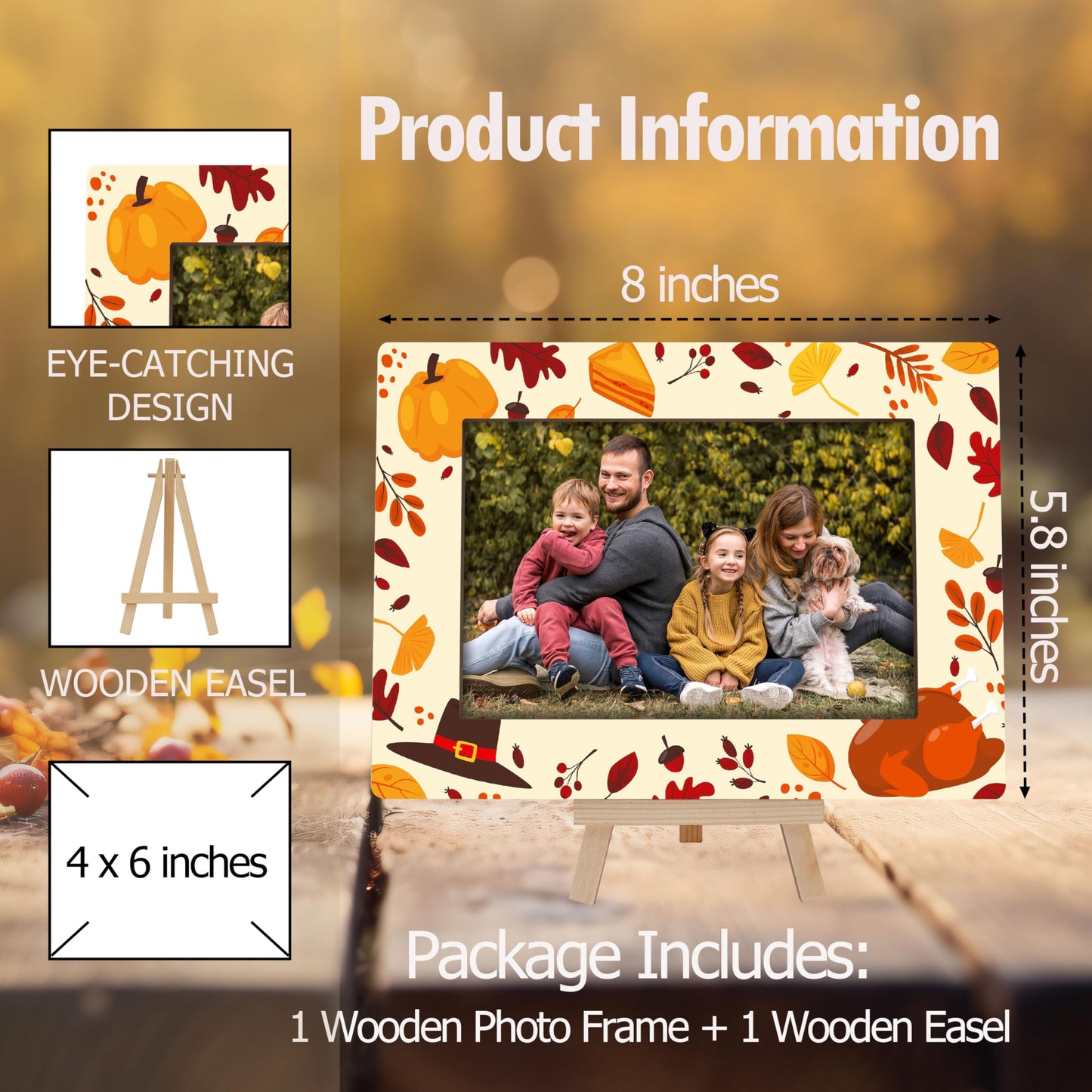 Fall Orange Picture Frames, Autumn Harvest Wooden 4x6 Photo Frame with Easel, Thanksgiving Gifts for Home Office Tabletop Display Decorations - D02 BST326L