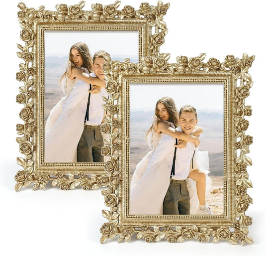 5x7 Wedding Picture Frame Gold,2 Pack Small Frame for Gallery Decor | Durable Resin Material,Tabletop & Wall Display,Real Glass,Rose Floral Design,Antique Brass Finish,Wedding Arrangement Decor BST326H