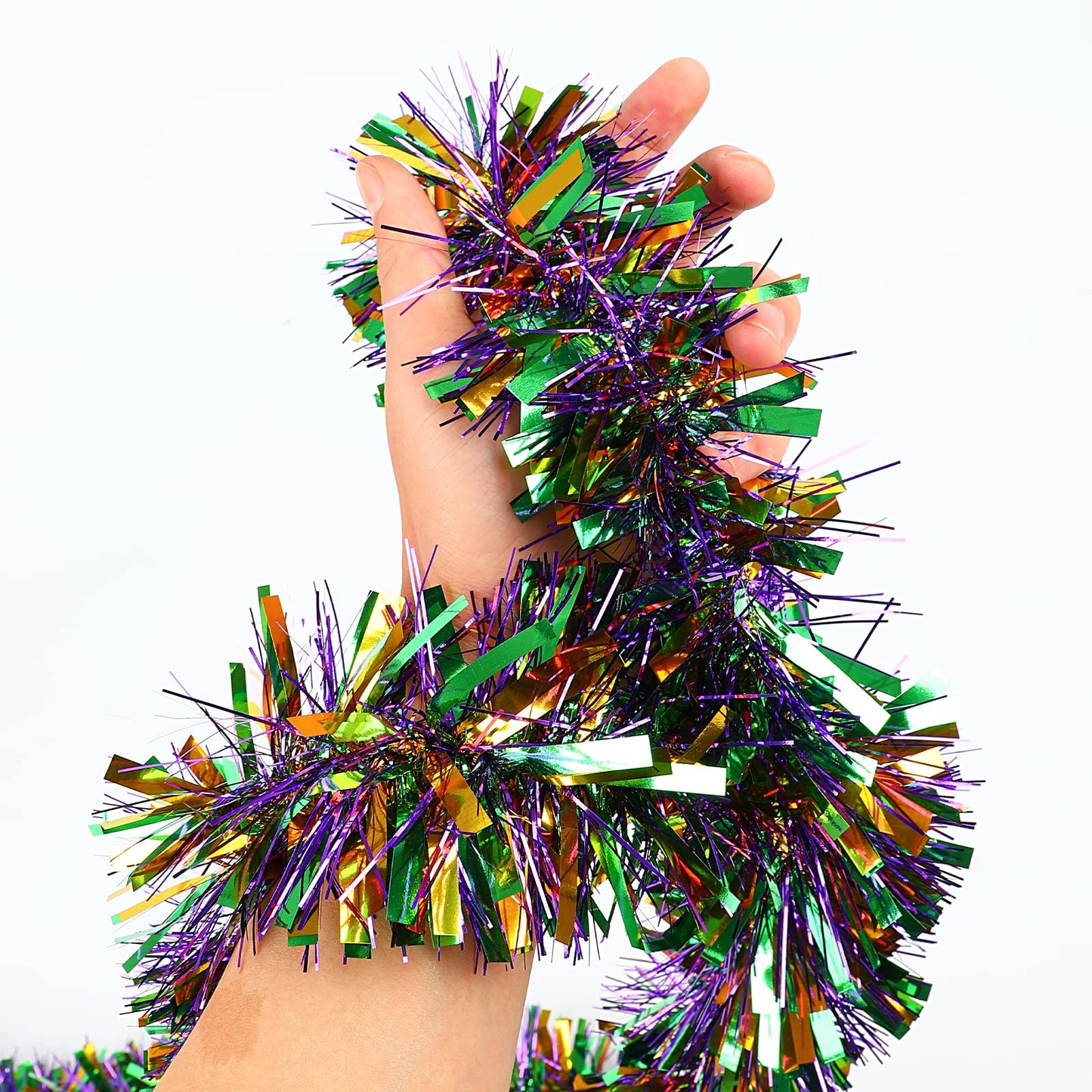 CCINEE 32.8FT Mardi Gras Tinsel Garland, Metallic Festooning Twist Glitter Shiny Hanging Fringe for Party Decorations - Gold/Green/Purple BST220