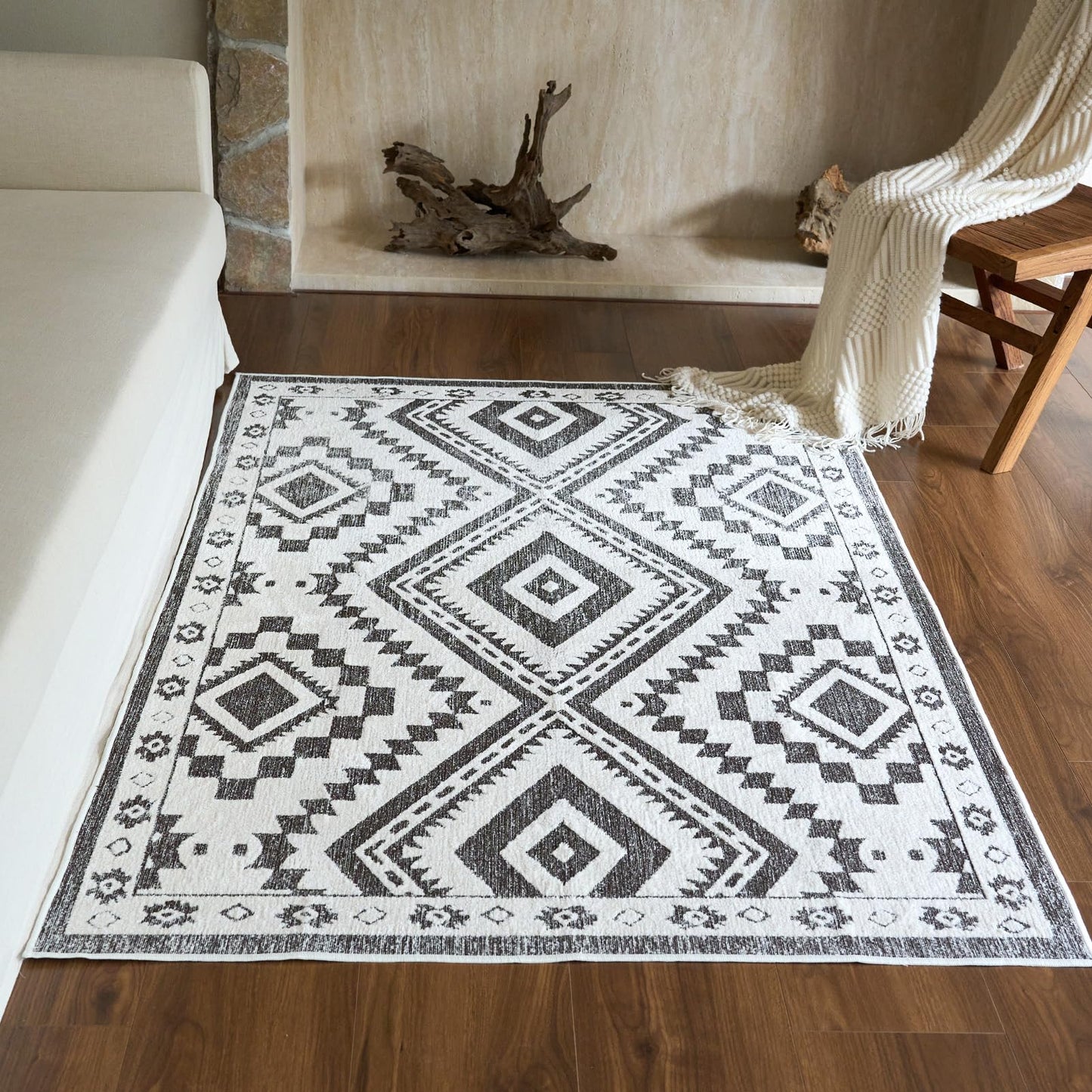 Moroccan Washable Area Rug 3x5, Geometric Tribal Decorative Woven Rug, Non-Slip Boho Farmhouse Soft Low-Pile Area Rug for Living Room Bedroom Nursery Dining Table, Dark Brown/White BST326H