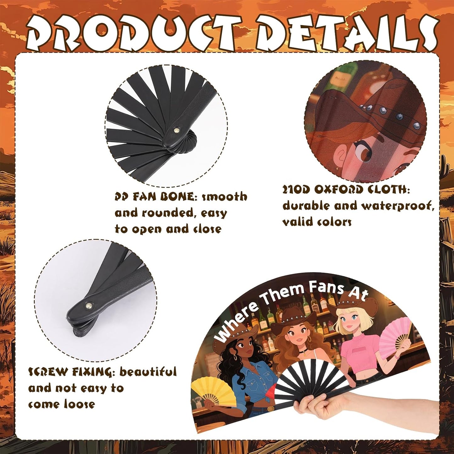 2 PCS Where Them Fans At Clacking Fans for Line Dancing, 13 Inches Large Festival Folding Fan, Boots On The Ground, 210D Oxford Cloth Pop Fan for Music Festival, Concert, Wedding, Halloween Party WN420