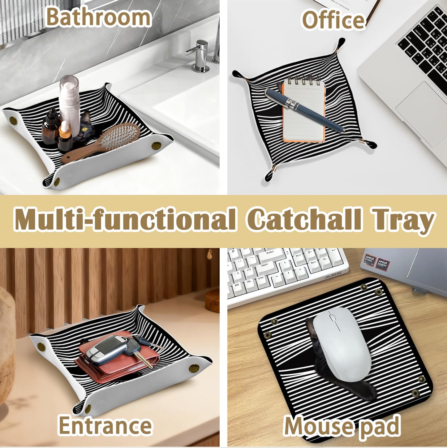 Marble Jewelry Valet Tray for Women Men, Black and Gold Marble PU Leather Catchall Beside Caddy Nightstand Organizer Tray for Jewelry Rings Watches Keys and Accessories, 7.87x7.87in BST220
