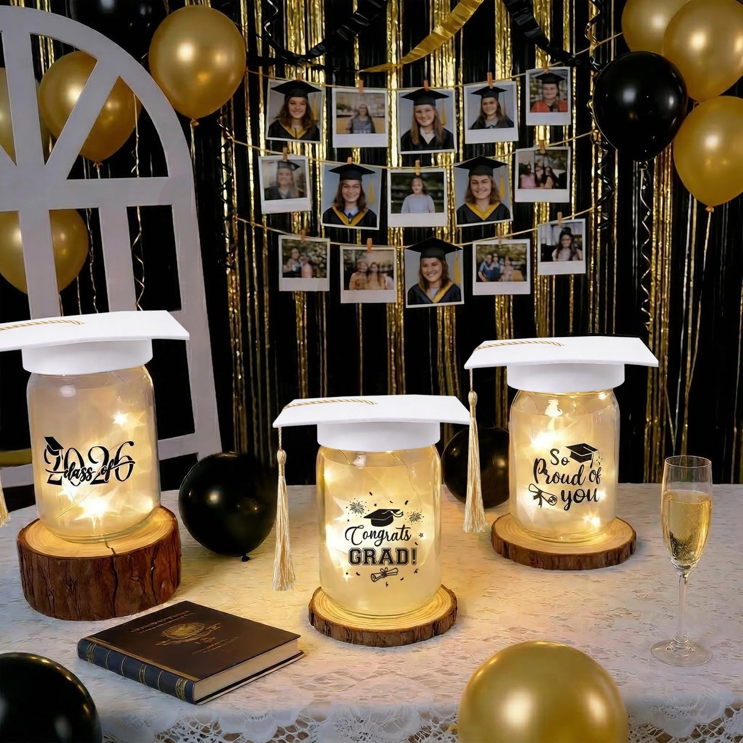 3 Sets 2026 Graduation Centerpieces for Tables, Glowing Mason Jar Centerpieces with Graduation Caps, Glowing Money Jars for College High School Congrats Grad Party Decor Supplies WN420