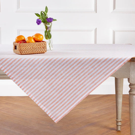 Solino Home 100% Linen Table Cloth, Throw, 52 x 52 in, Coral, Amalfi Stripe | Striped Linen Tablecloth a neat topper for bistro, card and side tables | Coral and White | Pure Linen | OEKO-TEX Certified BST326SOLH