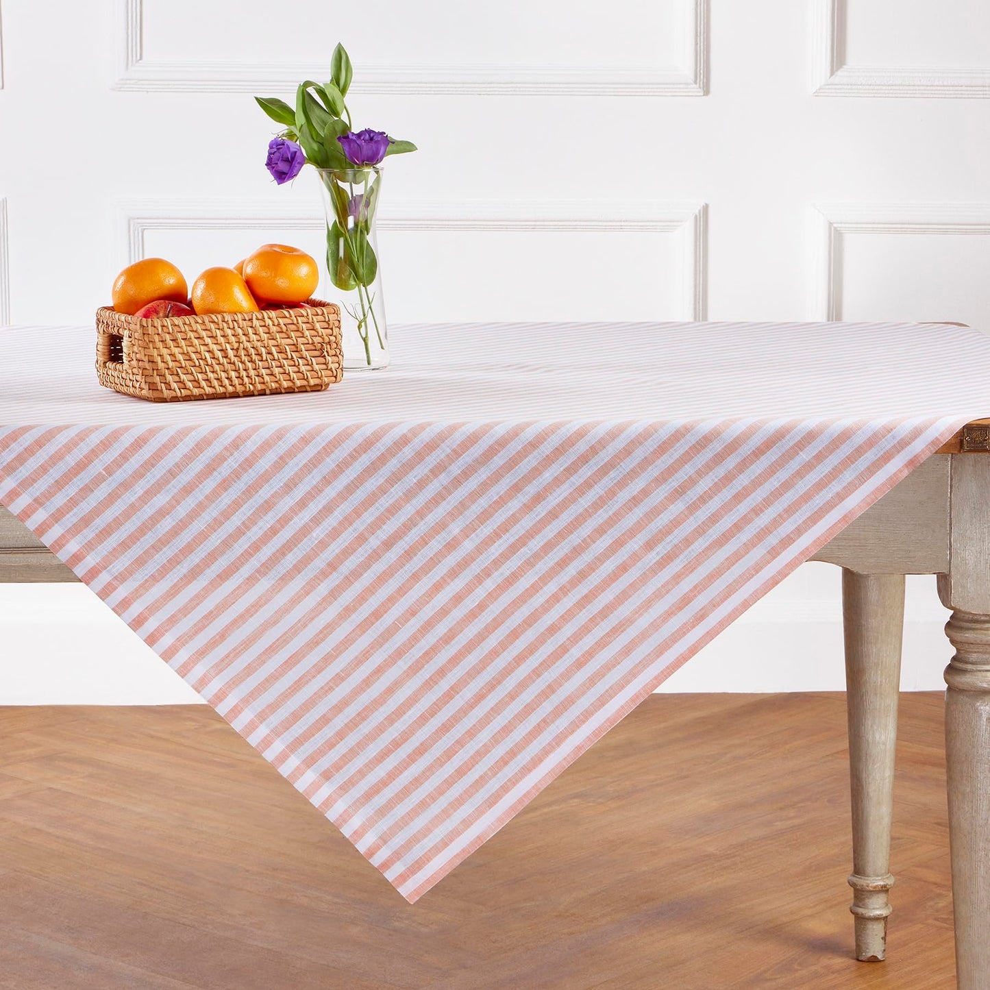 Solino Home 100% Linen Table Cloth, Throw, 52 x 52 in, Coral, Amalfi Stripe | Striped Linen Tablecloth a neat topper for bistro, card and side tables | Coral and White | Pure Linen | OEKO-TEX Certified BST326SOLH
