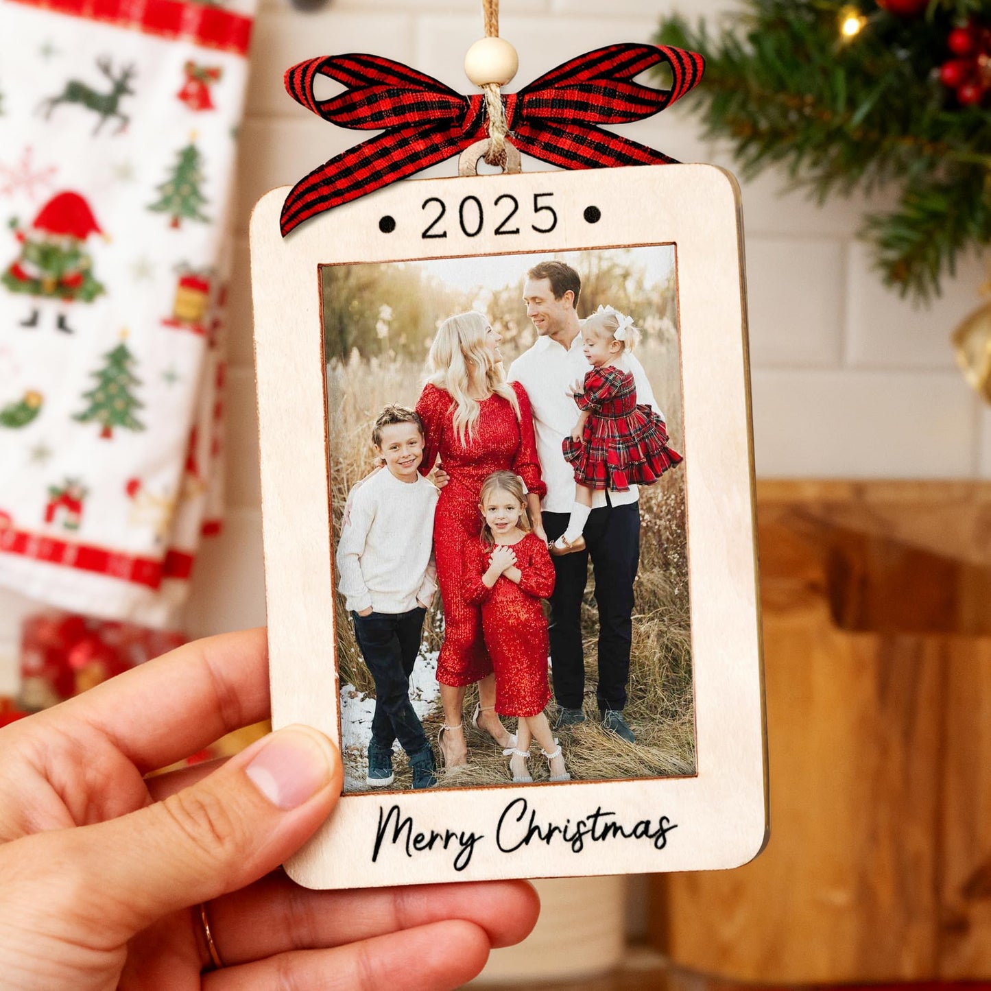 Hangwoous Baby's First Christmas Photo Frame Ornament 2025 | Wooden portrait frame keepsake, first Christmas photo gift for baby BST202