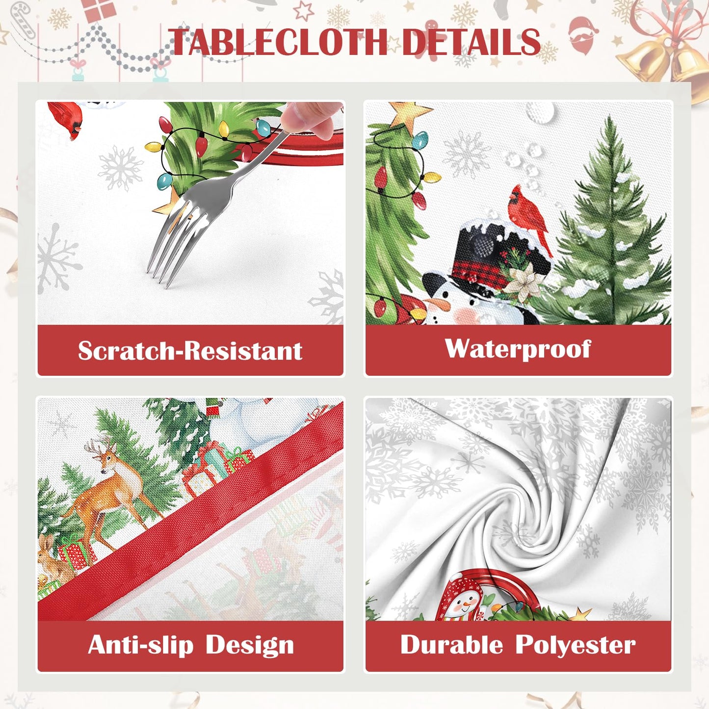 Christmas Tablecloth Waterproof, Red Snowman Snowflake Table Cloth Rectangle, Washable Table Cover for Christmas Party Home Kitchen Decoration (60×120 Inch) BST202