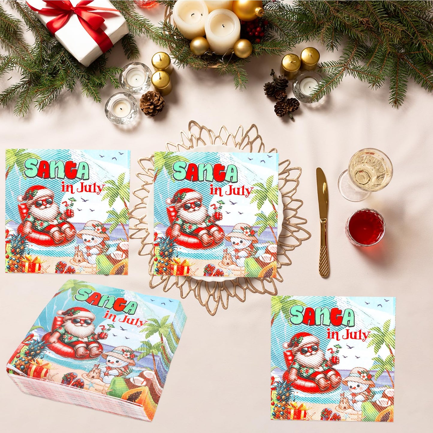 Gameza July Christmas Party Decorations, 50PCS There's Some Hohoho's in July Disposable Paper Napkins Decoration, Summer Xmas Beach Napkins Decor Supplies BST220