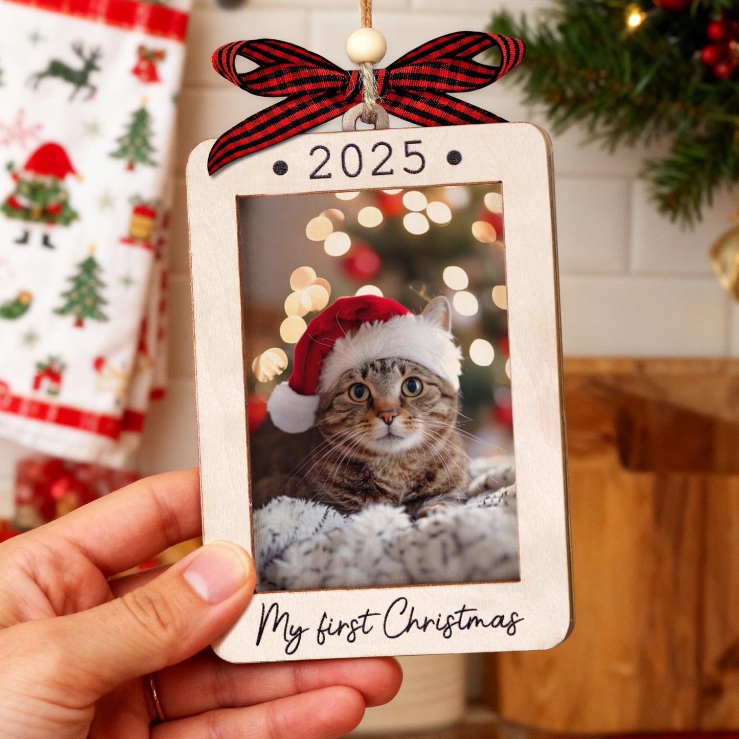 Hangwoous Baby's First Christmas Photo Frame Ornament 2025 | Wooden portrait frame keepsake, first Christmas photo gift for baby BST202