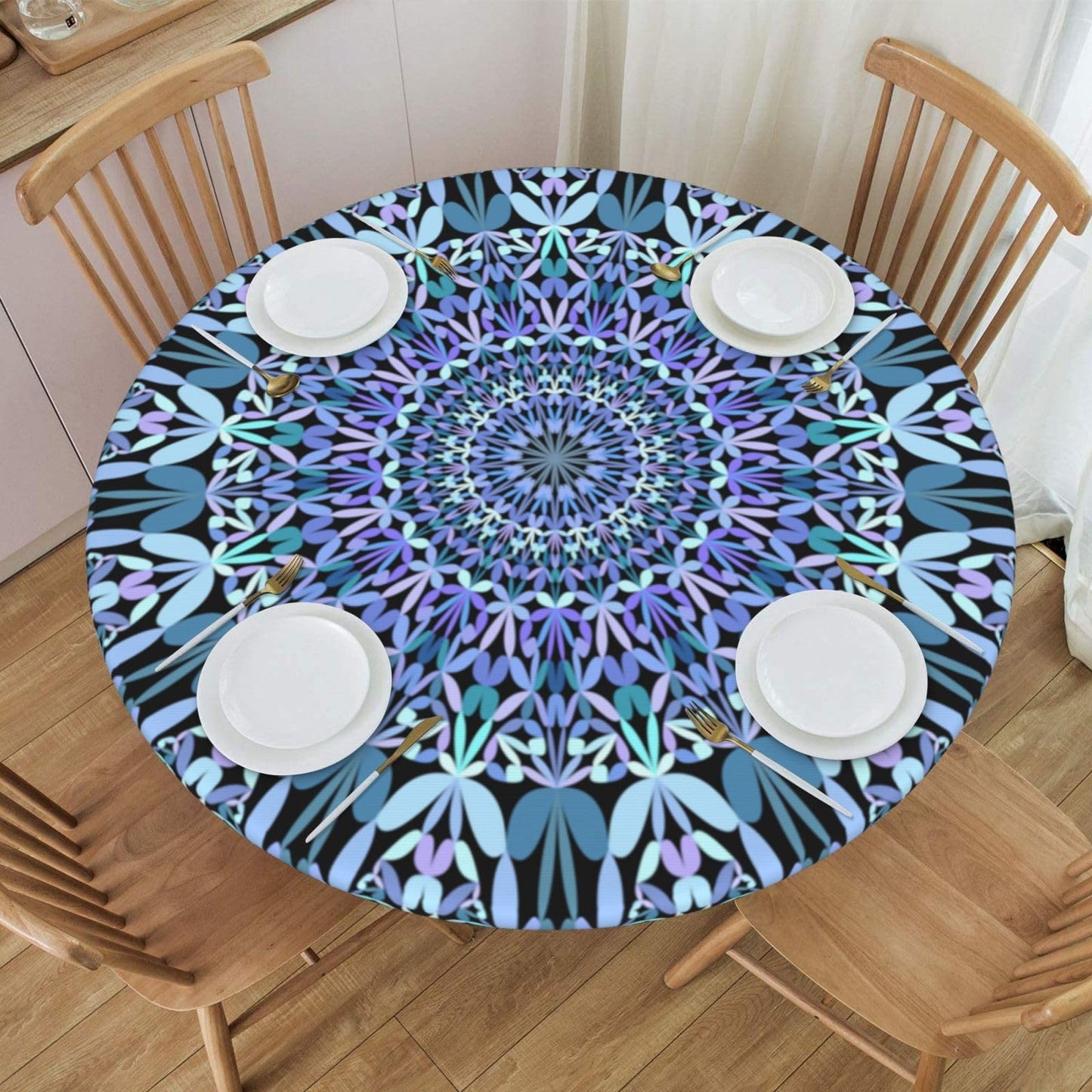 Blue Petal Mandala Pattern Tablecloth with Elastic Edge, Round Table Cover Washable Reusable Bohemian Table Cloths for Kitchen Dining Party, Medium (Fits 45-50 in) BST202