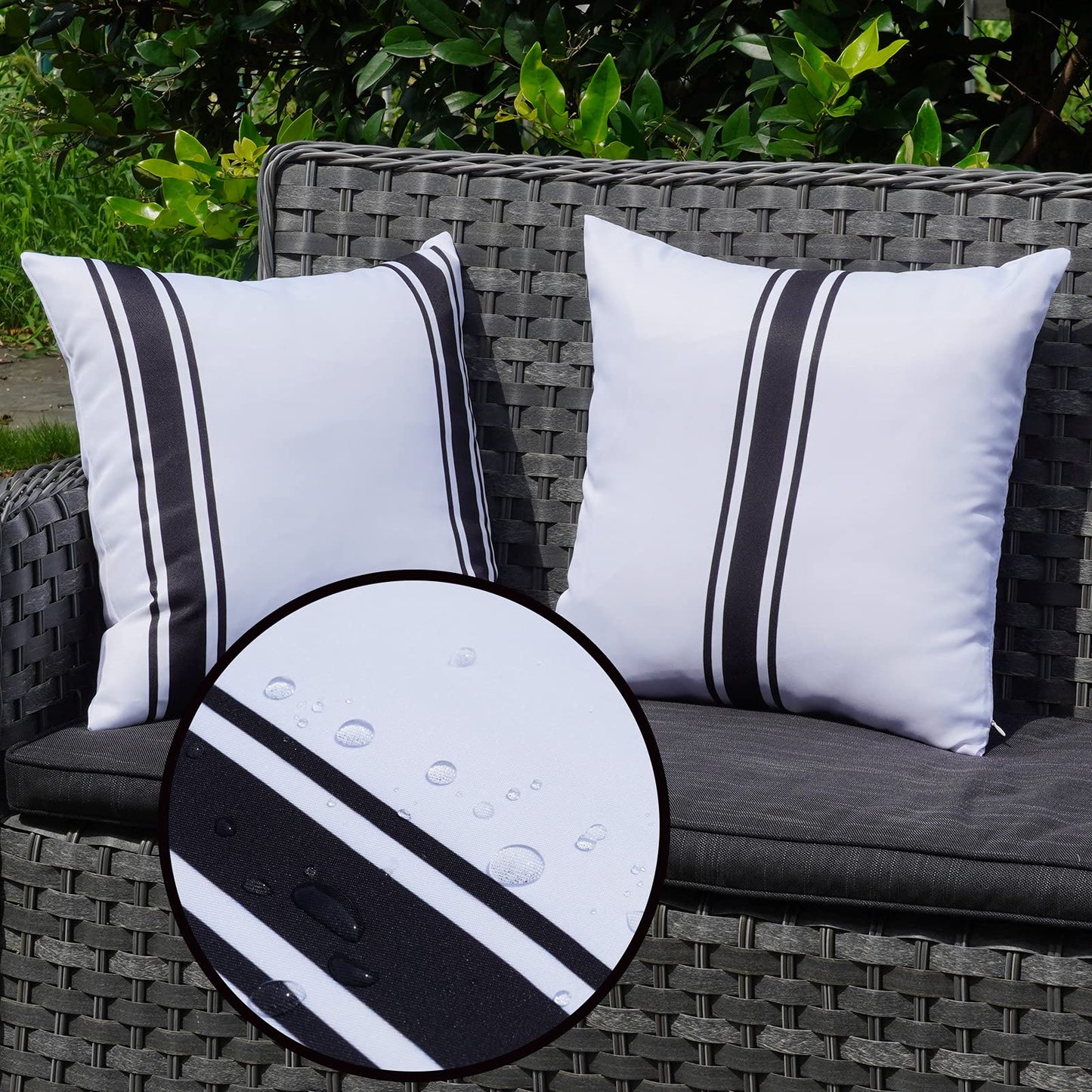 ONWAY Outdoor Pillow Covers Waterproof 18x18 Set of 2 Decorative Linen Throw Pillow Cover Beige and Black Striped Outdoor Pillows for Patio Furniture BST220