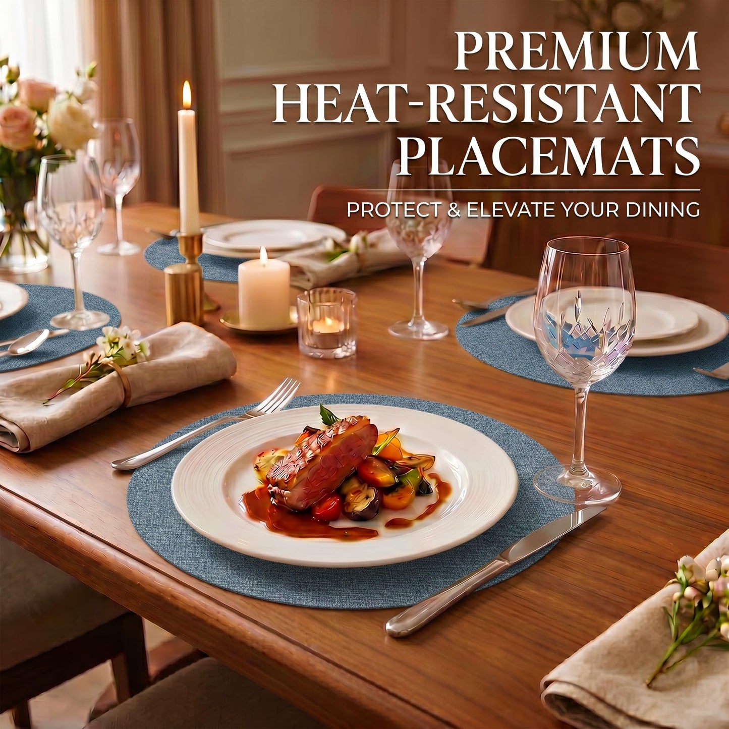 Faux Leather Placemats Set of 6, Wipeable Waterproof Stain Resistant Table Mats, Heat Resistant Thick Placemats with Hand-Painted Edges for Kitchen Dining, Imitative Linen Texture, Various Shapes BST326H