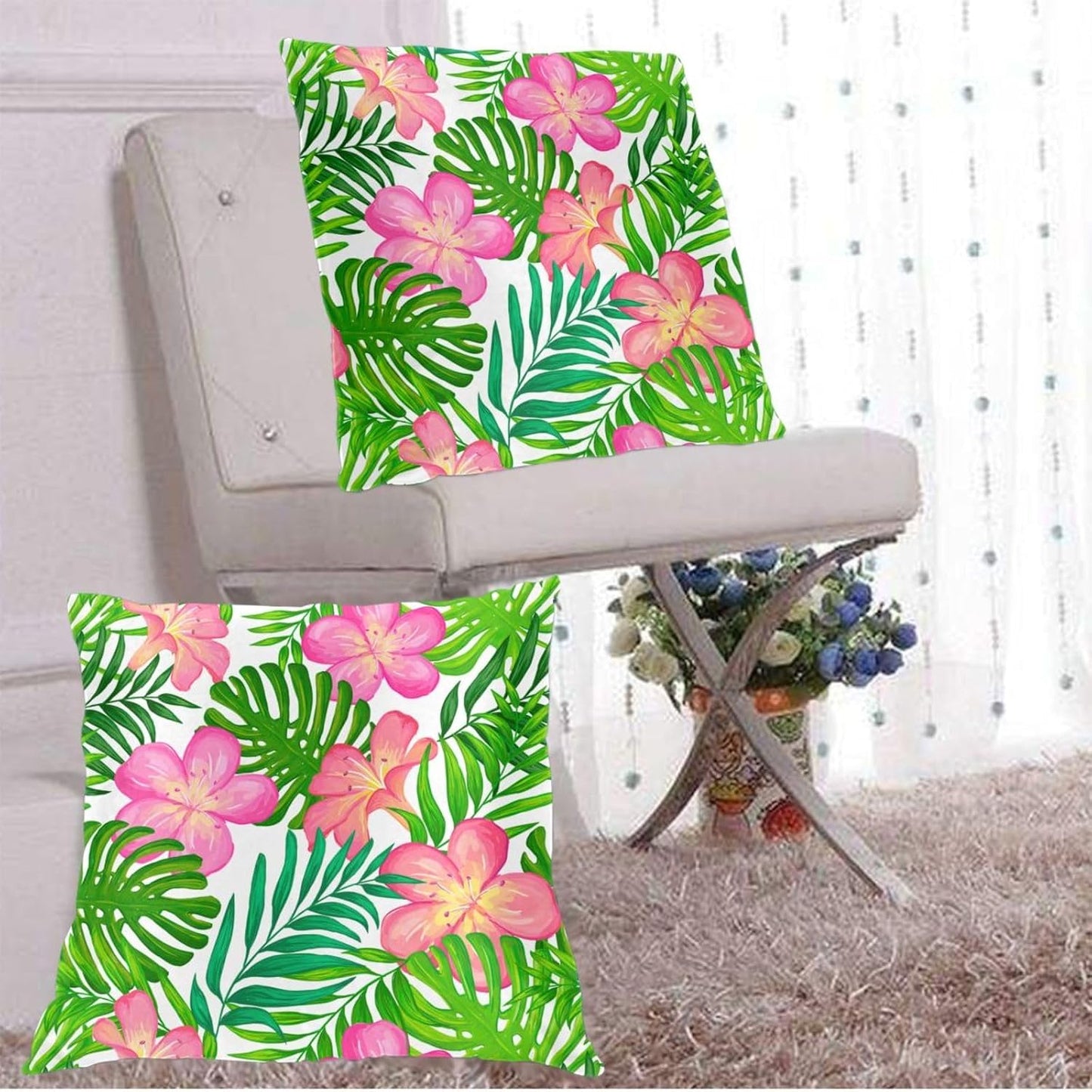 Plumeria Flowers and Palm Leaves Throw Pillow Cover 18x18 Inch Tropical Theme Decorative Pillow Cases Soft Throw Pillows for Living Room Bedroom Sofa Couch Cushion Cover Set of 2 BST220