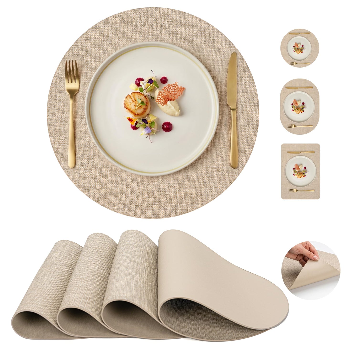 Faux Leather Placemats Set of 6, Wipeable Waterproof Stain Resistant Table Mats, Heat Resistant Thick Placemats with Hand-Painted Edges for Kitchen Dining, Imitative Linen Texture, Various Shapes BST326H