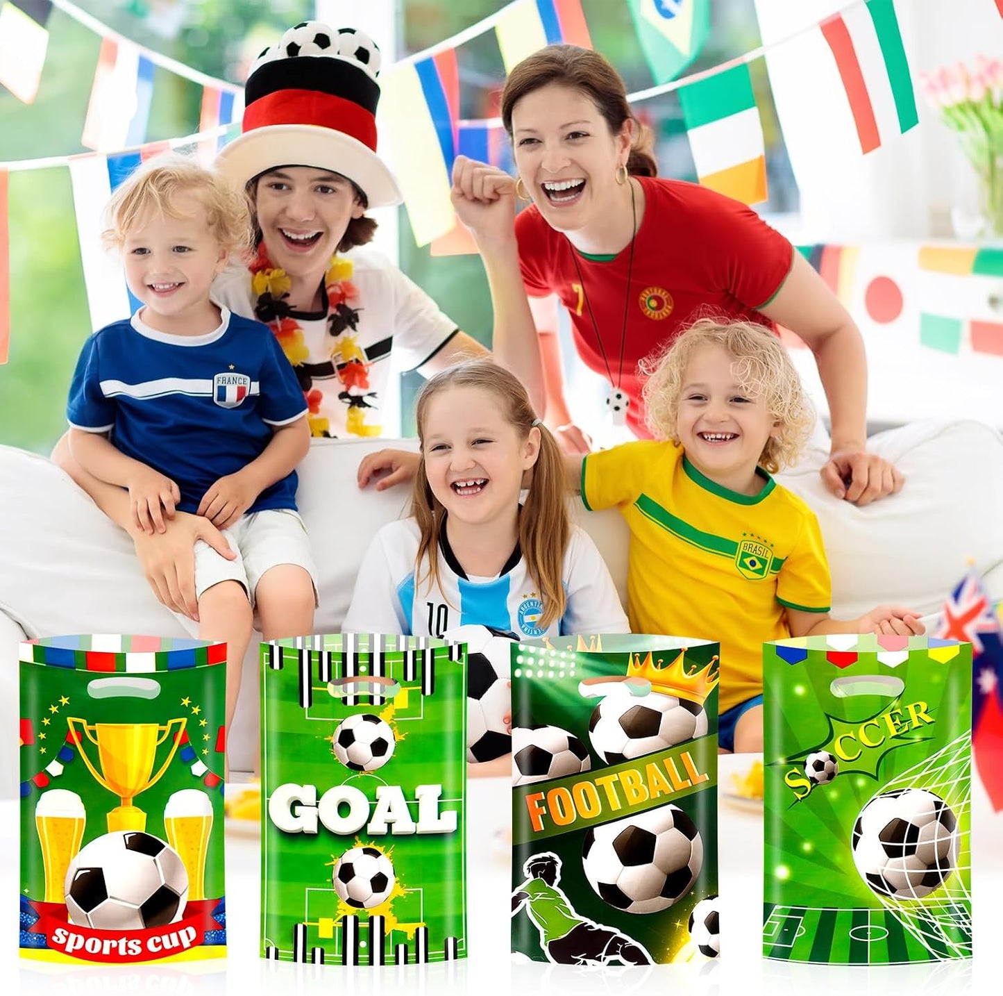 Konsait 50Pcs Soccer Goodie Bags with Handles, Football Themed Gift Bags for Birthday Party Favors, Team Celebrations and Game Day Decorations BST326L