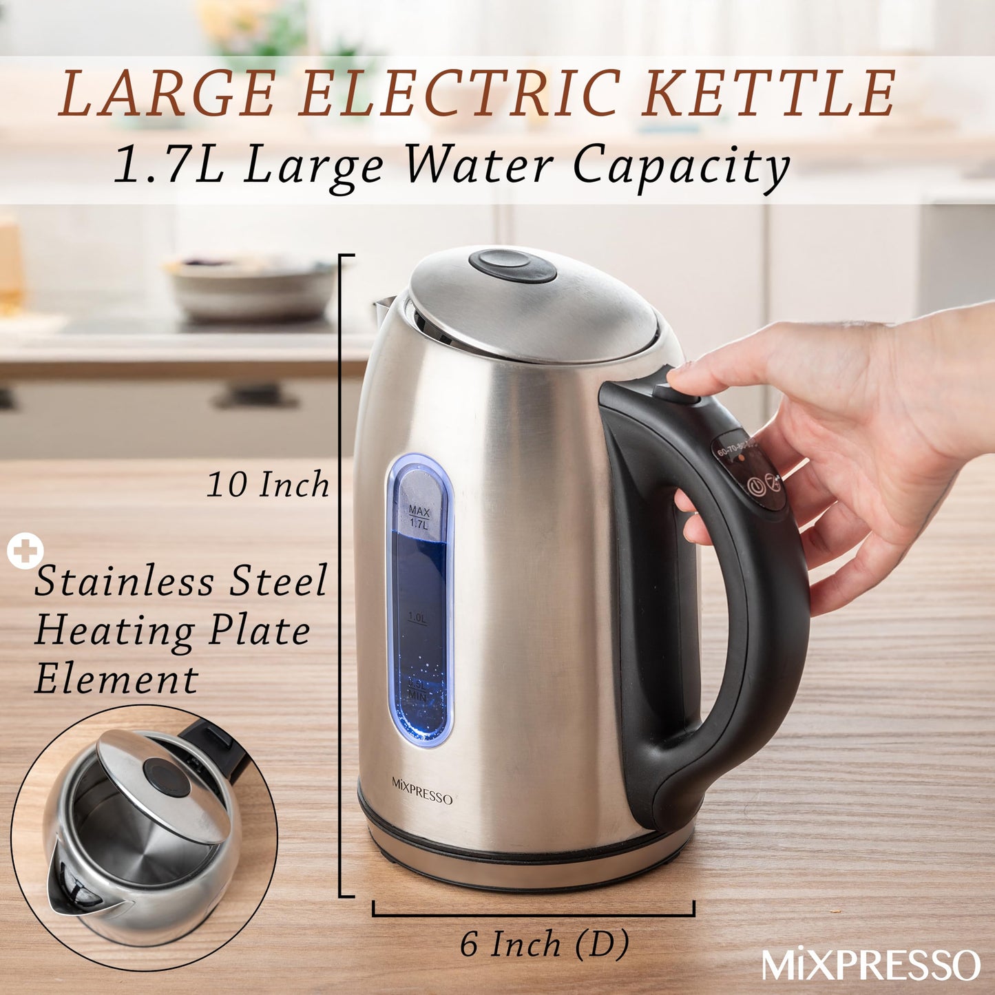 Mixpresso Electric Kettle Temperature Control, Hot Water Kettle Electric, Cordless 1 Liter Capacity, Keep Warm & LED Indicator, Auto-Shutoff, Boil-Dry Protection, Stainless Steel Electric Kettle BST220