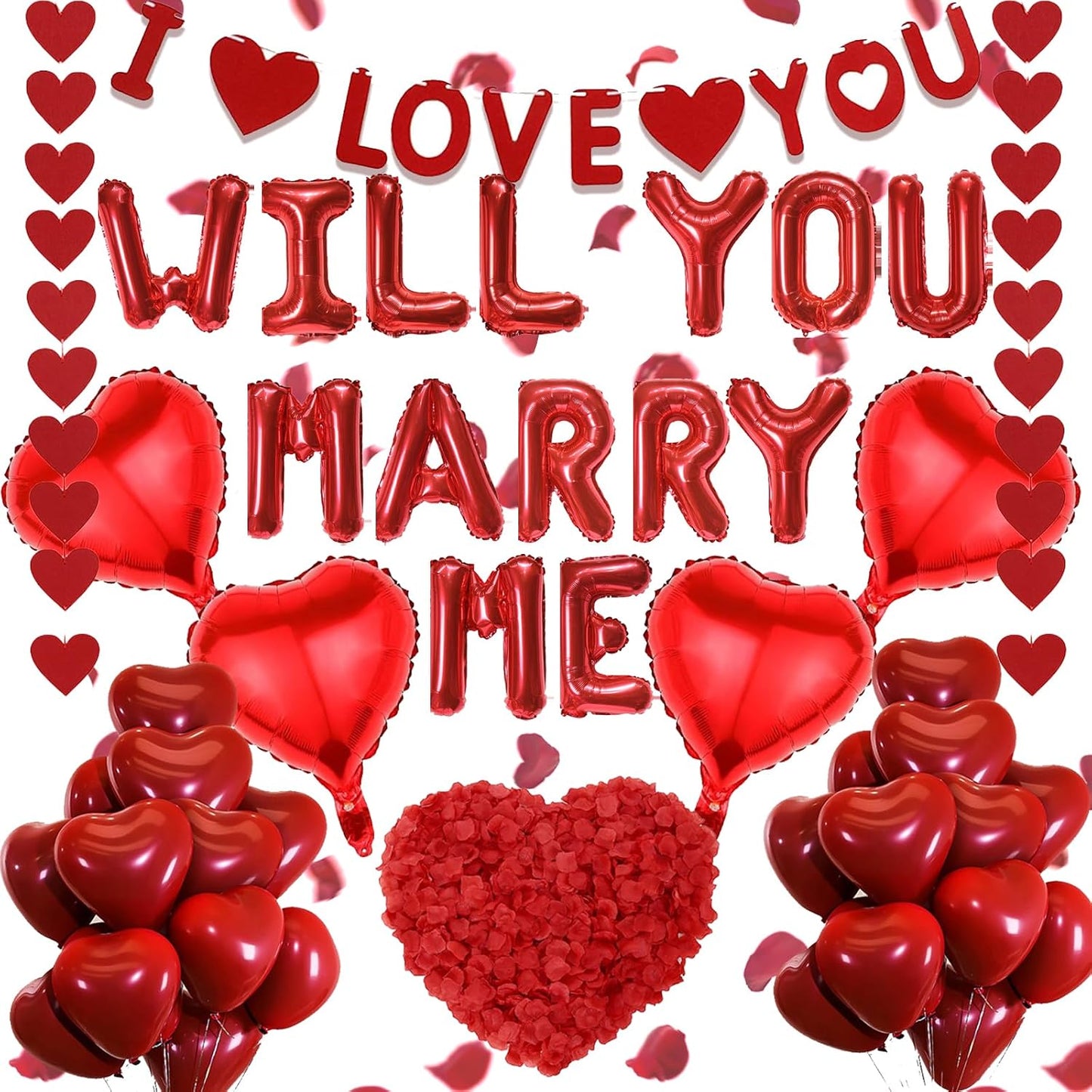 Will You Marry Me Decorations - 500+ Pcs Red Letter Balloons Banner Garlands Heart Rose Petals Party Decoration Set for Romantic Engagement Surprise Anniversary Proposal Valentines Day Supplies BST326L