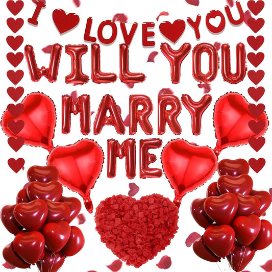Will You Marry Me Decorations - 500+ Pcs Red Letter Balloons Banner Garlands Heart Rose Petals Party Decoration Set for Romantic Engagement Surprise Anniversary Proposal Valentines Day Supplies BST326L