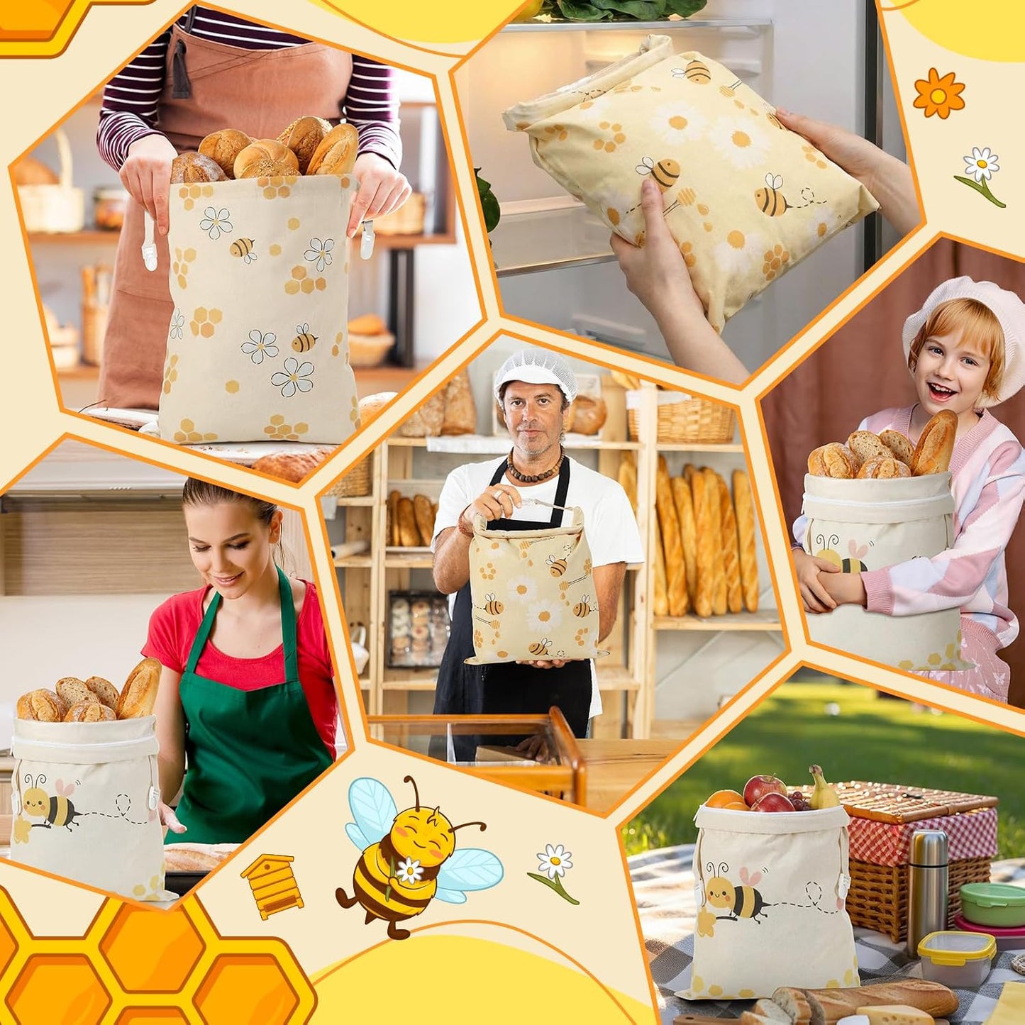Reginary 3 Pack Beeswax Bread Bags for Sourdough & Homemade Bread 17 x 13'' XL Reusable Organic Linen Beeswax Wraps with Sealing Zip for Fresh Food Storage Loaf Freezer Baker Present(Bee Style) BST326L