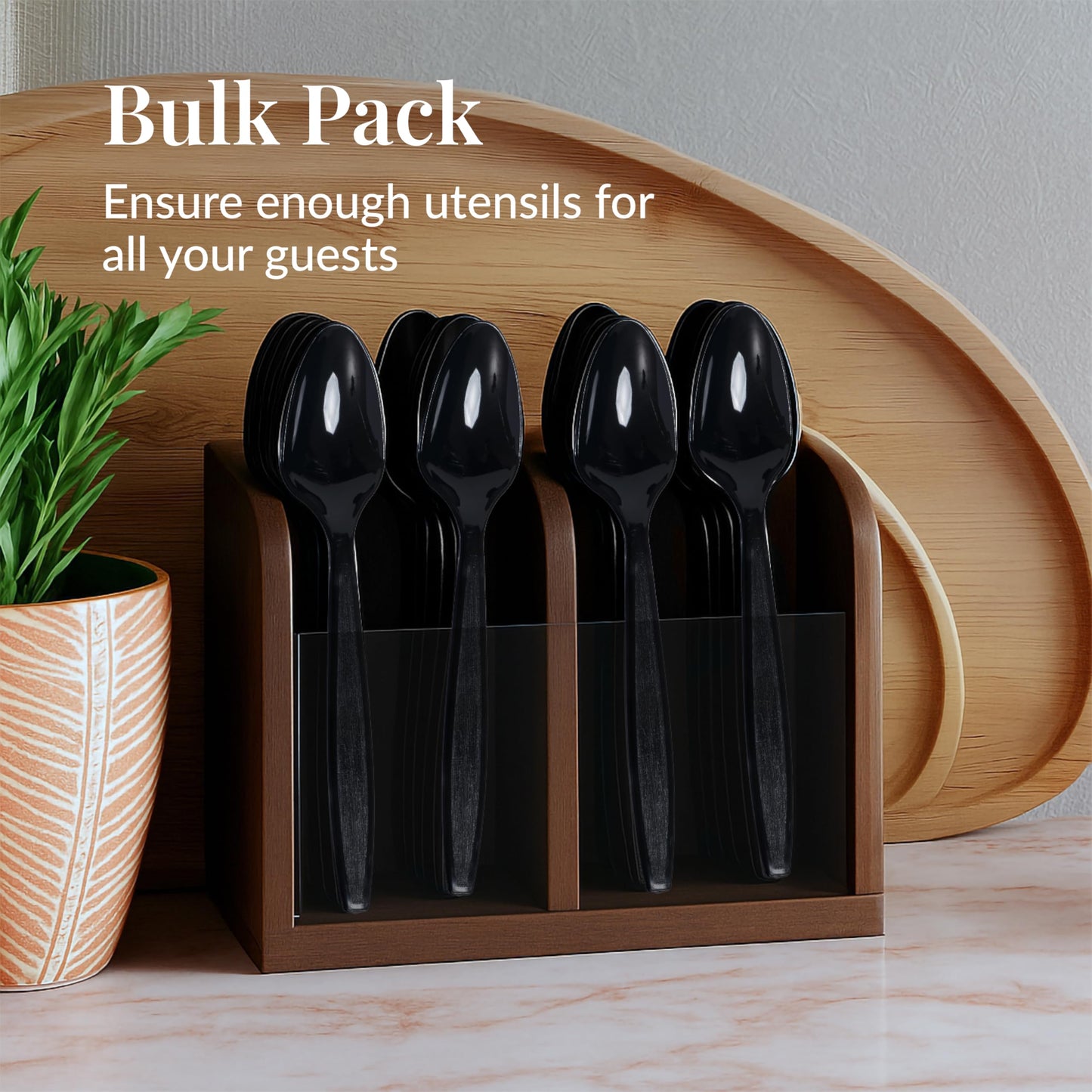 Prestee 300 Black Plastic Spoons Bulk - Durable Disposable Plastic Silverware Spoons - Heat-Resistant Spoon Cutlery - Heavy Duty Flatware Pack - Disposable Silverware Utensil Set for Hot and Cold Food BST220