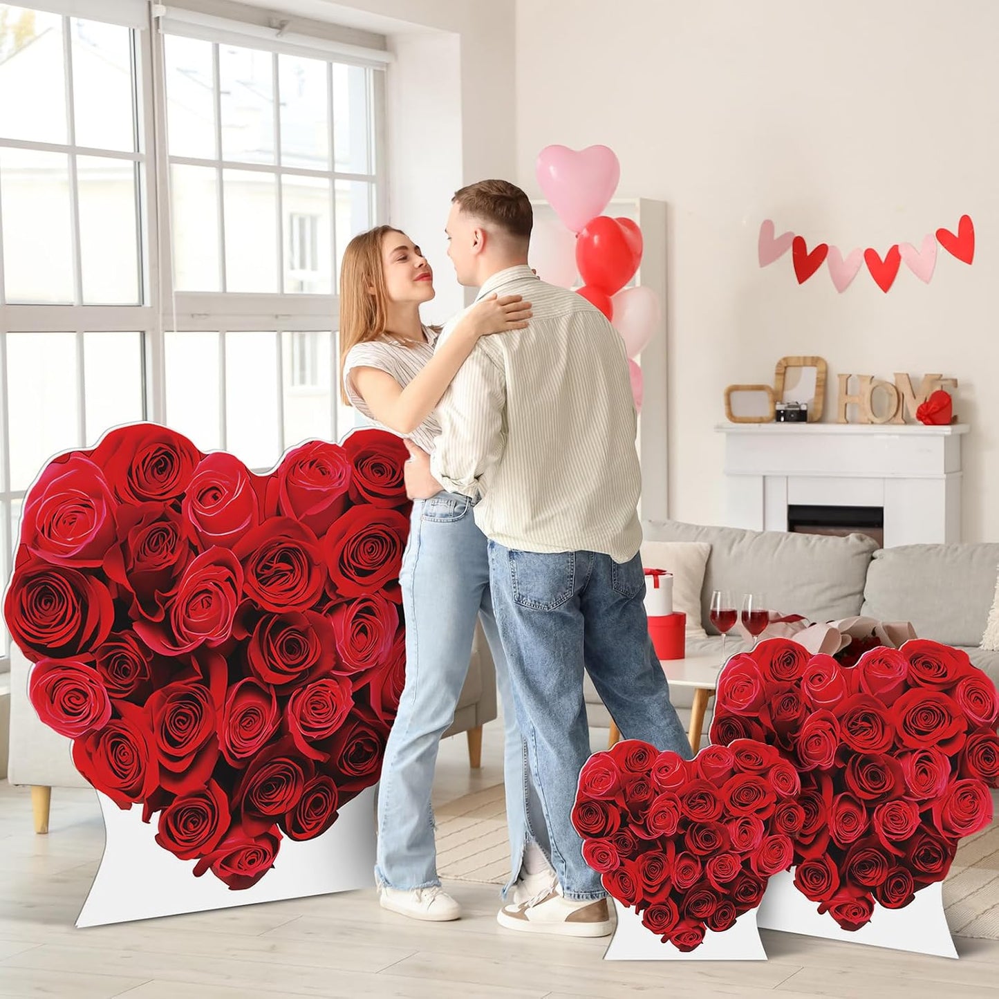 Colarr 3 Pcs Valentine's Day Red Heart Cardboard Cutout Stand Ups Set of 3 Sizes (17'' 25'' 33'') Valentines Party Roses Decoration Backdrop Photo Prop for Anniversary Wedding Engagement BST326L