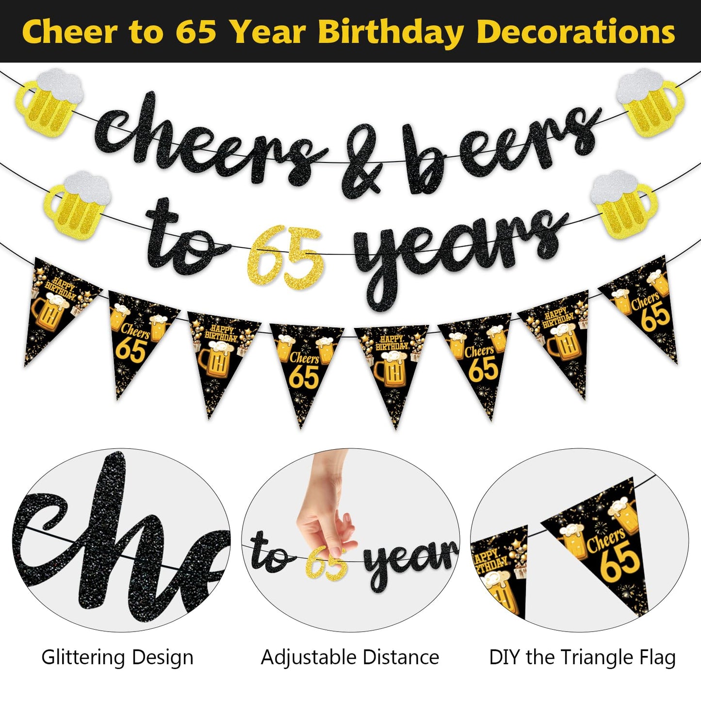 Black Gold 90th Birthday Decorations for Men Women, Glitter Pre-Strung Cheers to 90 Years Banner Hello 90 Hanging Swirls Paper Triangle Flag Banner Decorations Bday Party Supplies Kit WN420