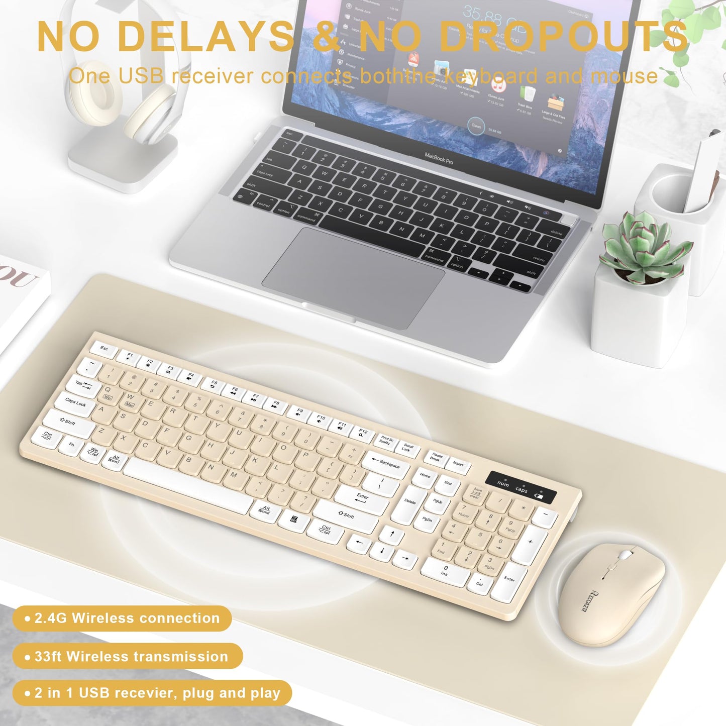 Wireless Keyboard and Mouse Combo, Full-Sized Wireless Keyboard and Adjustable DPI Mouse, 2.4GHz USB Receiver, Silent Keyboard and Mouse for PC, Windows, MAC, Desktop, Laptop (Avocado Green)